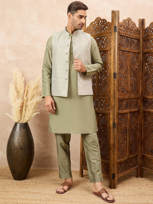 Olive Green Kurta Waistcoat Set