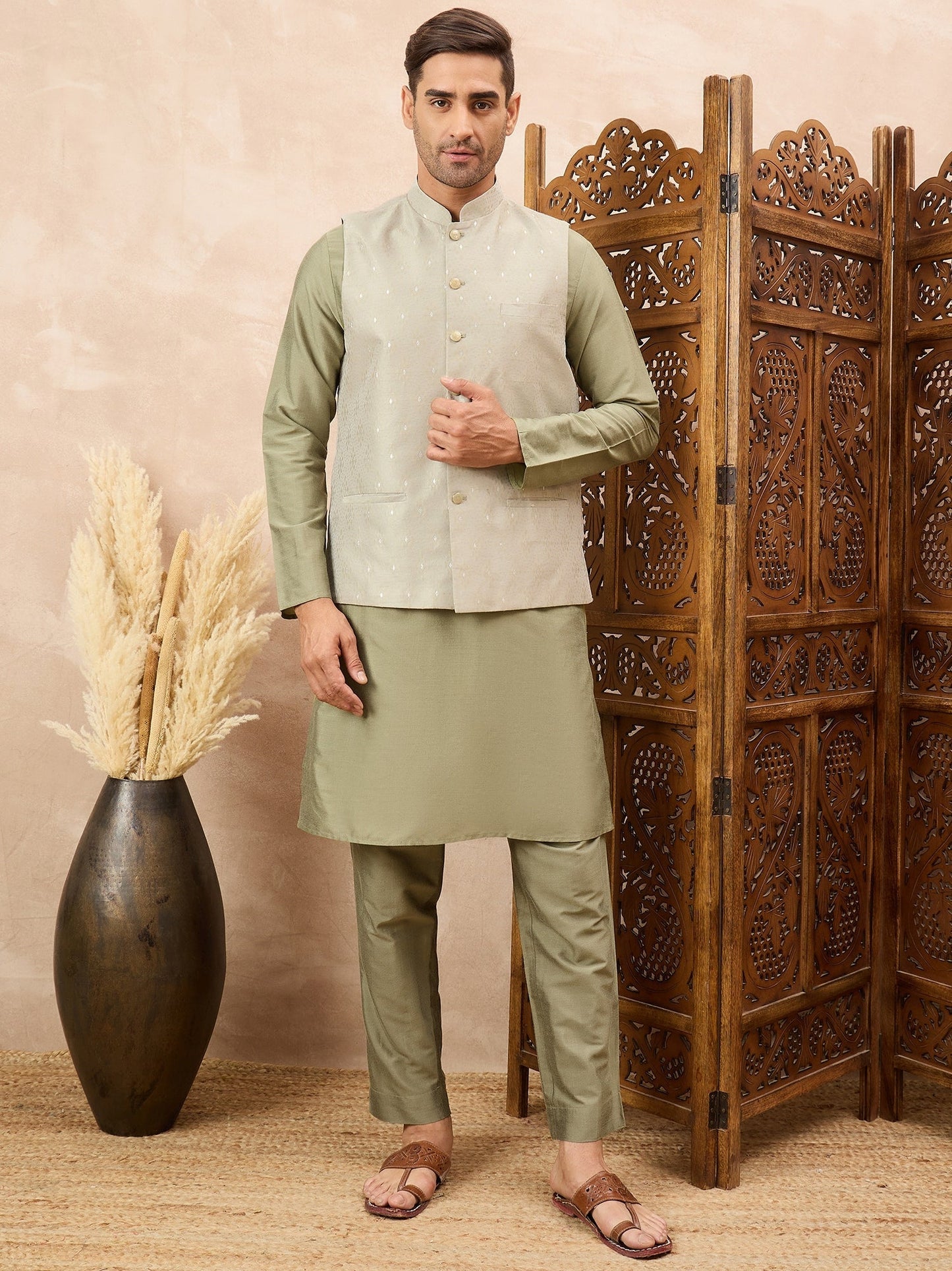 Olive Green Kurta Waistcoat Set