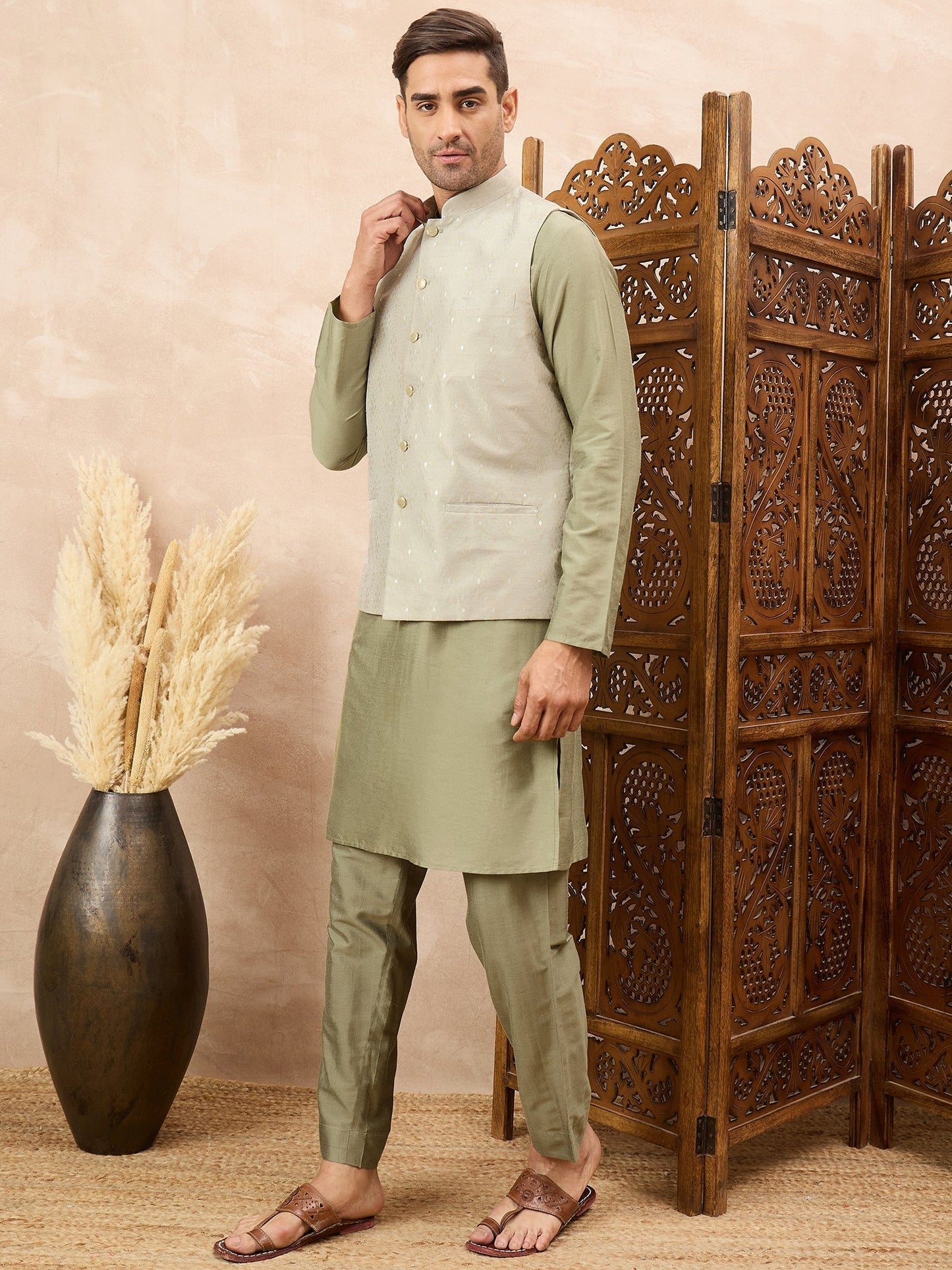 Olive Green Kurta Waistcoat Set