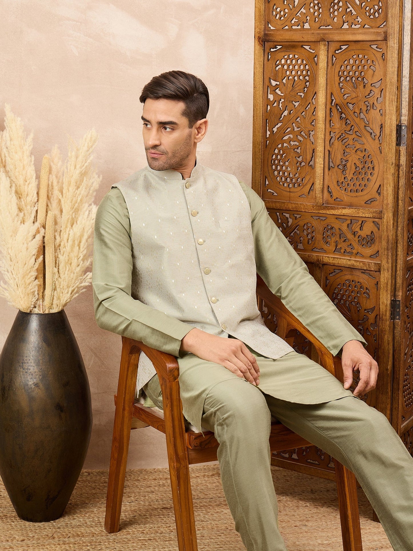 Olive Green Kurta Waistcoat Set