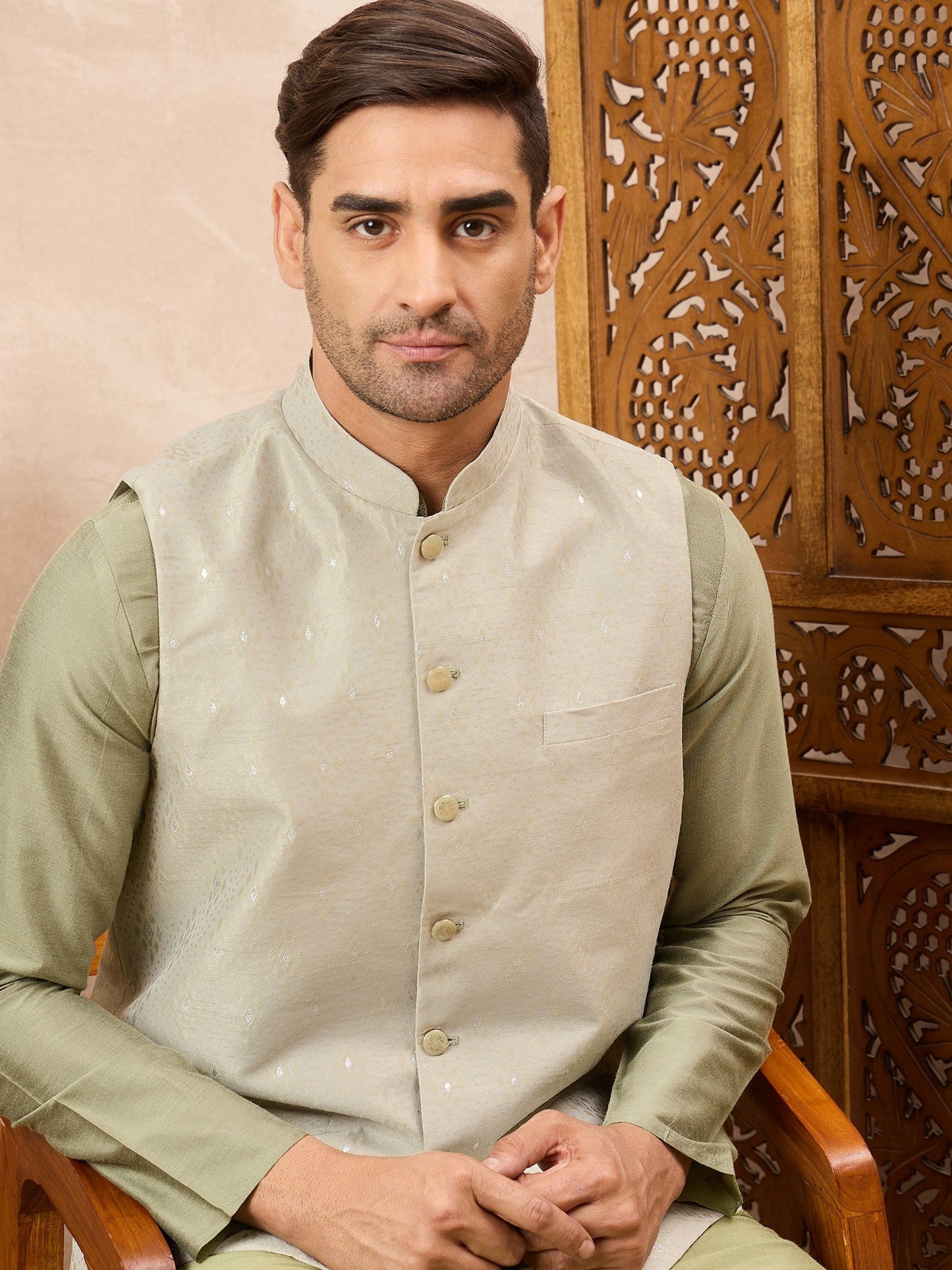 Olive Green Kurta Waistcoat Set