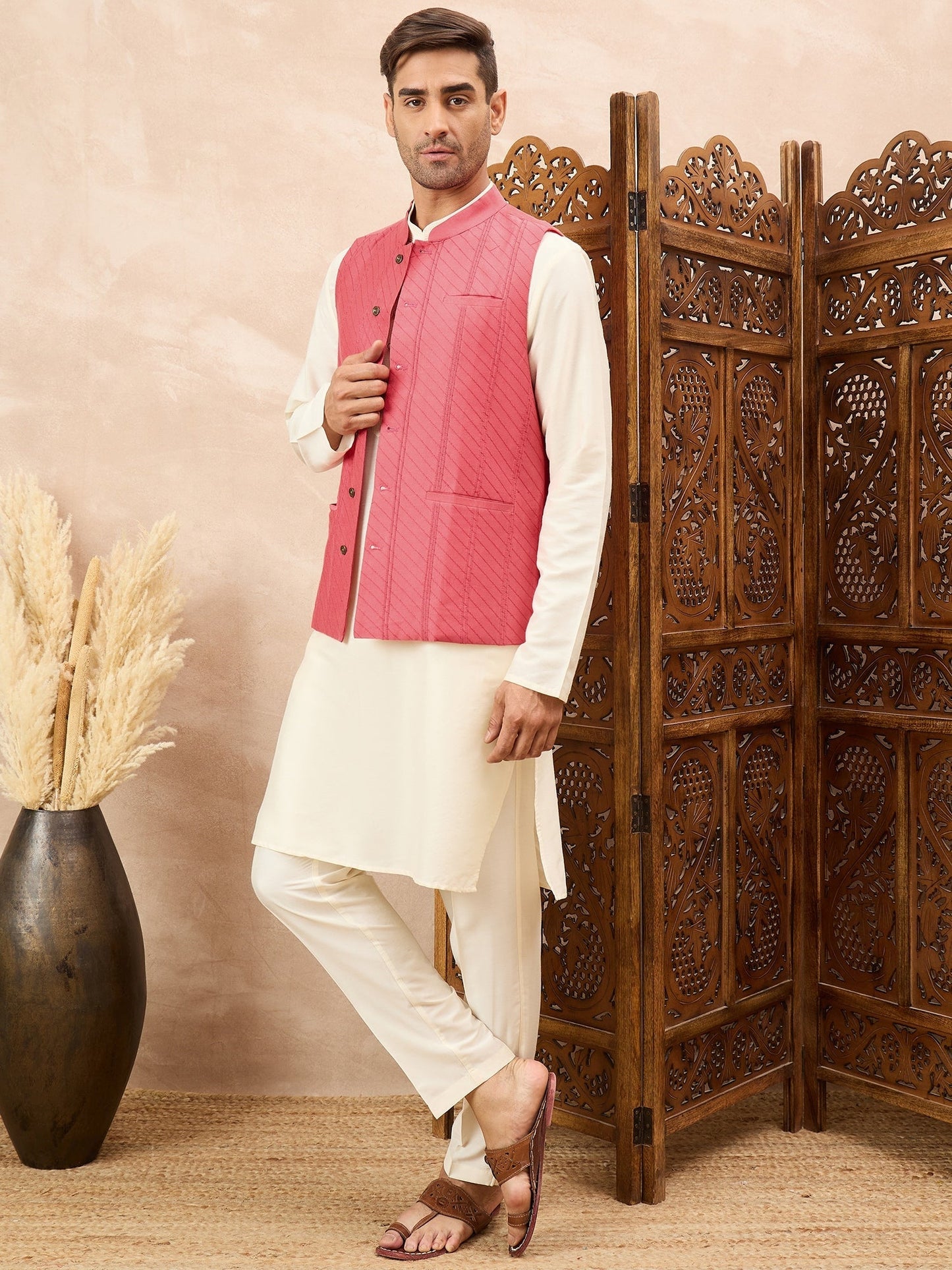 Pink Kurta Waistcoat Set