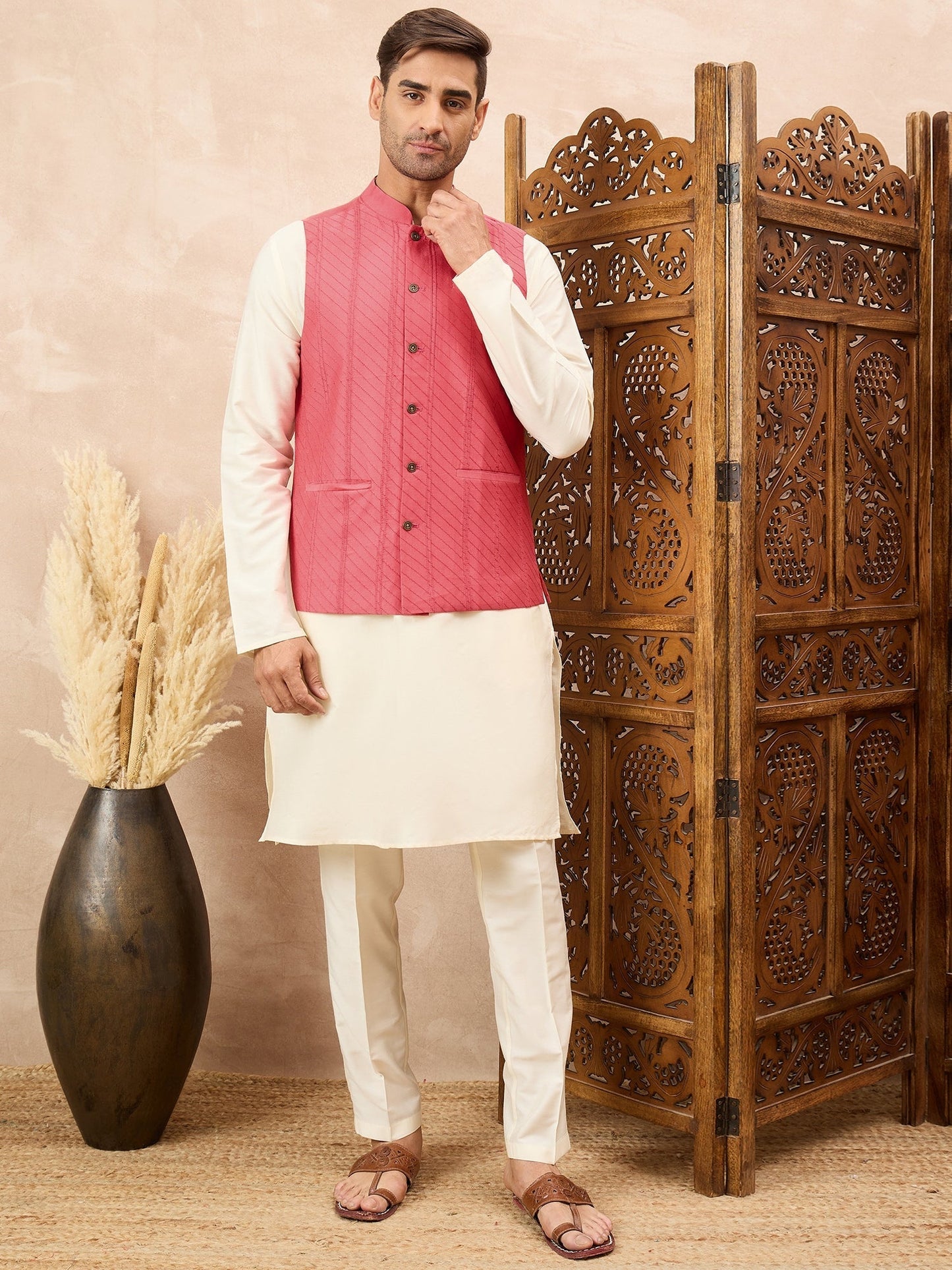 Pink Kurta Waistcoat Set
