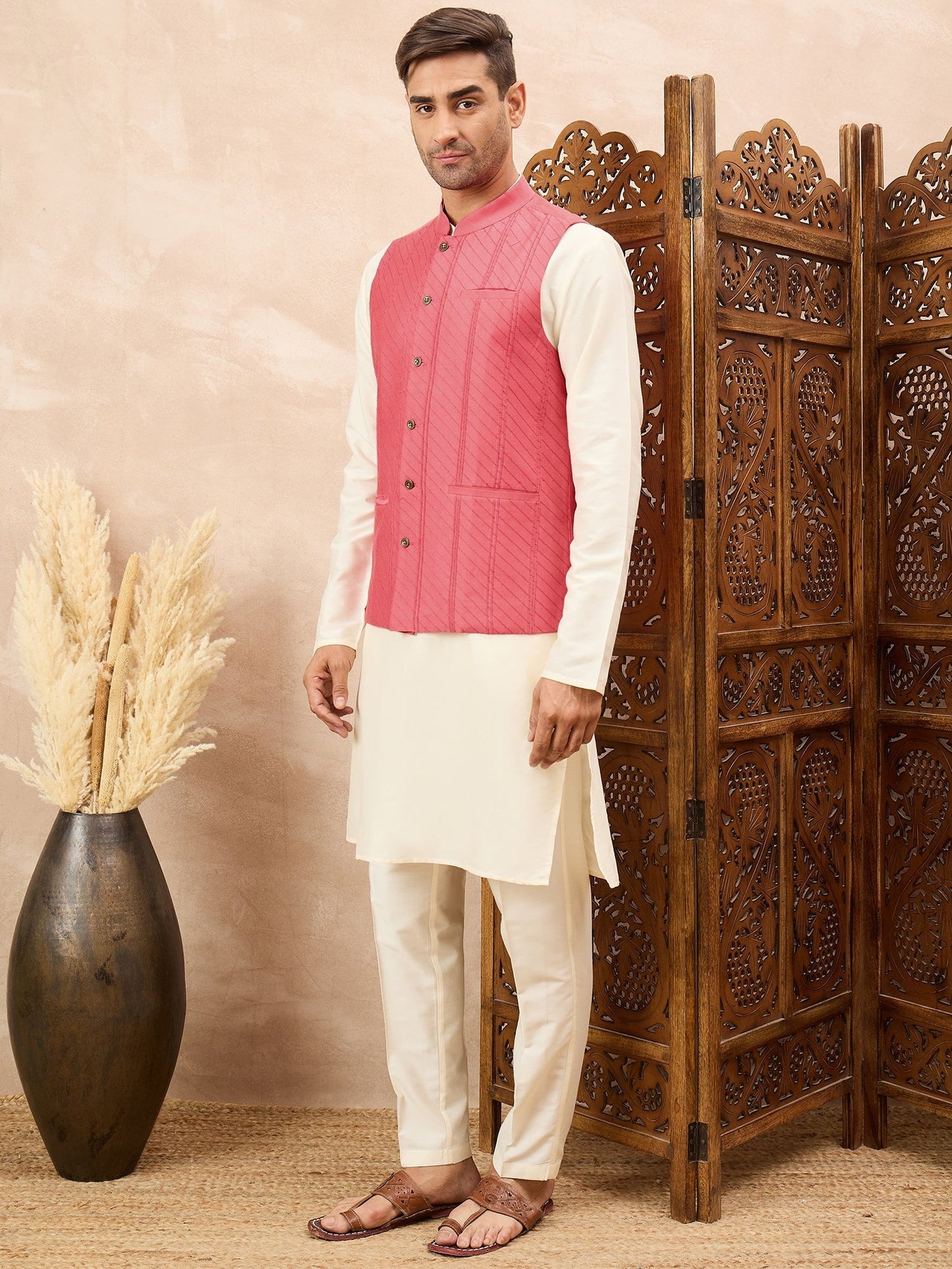 Pink Kurta Waistcoat Set