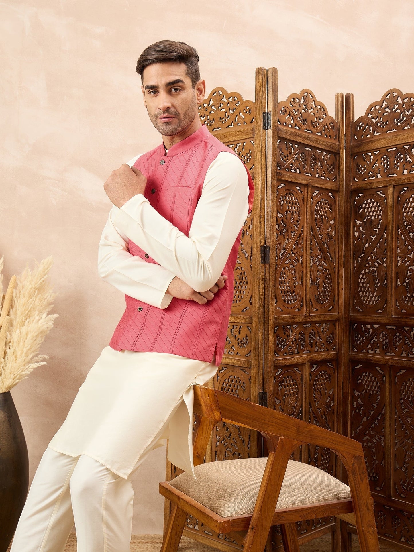 Pink Kurta Waistcoat Set