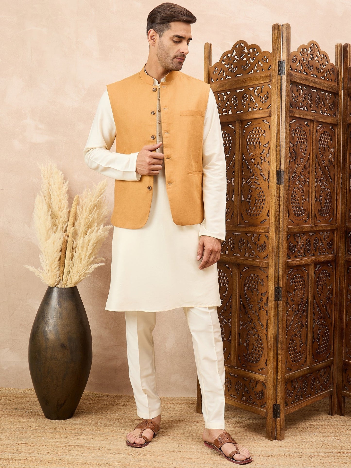 Mustard Kurta Waistcoat Set