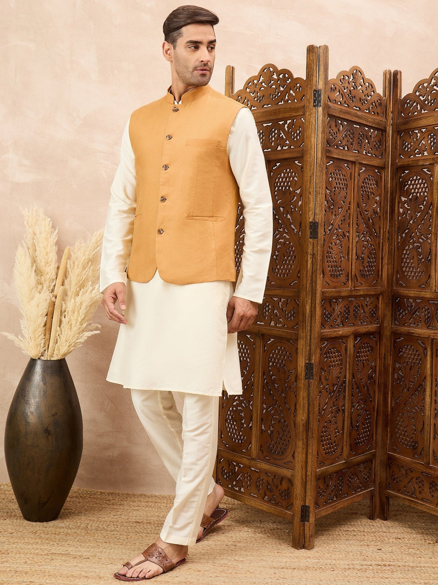 Mustard Kurta Waistcoat Set