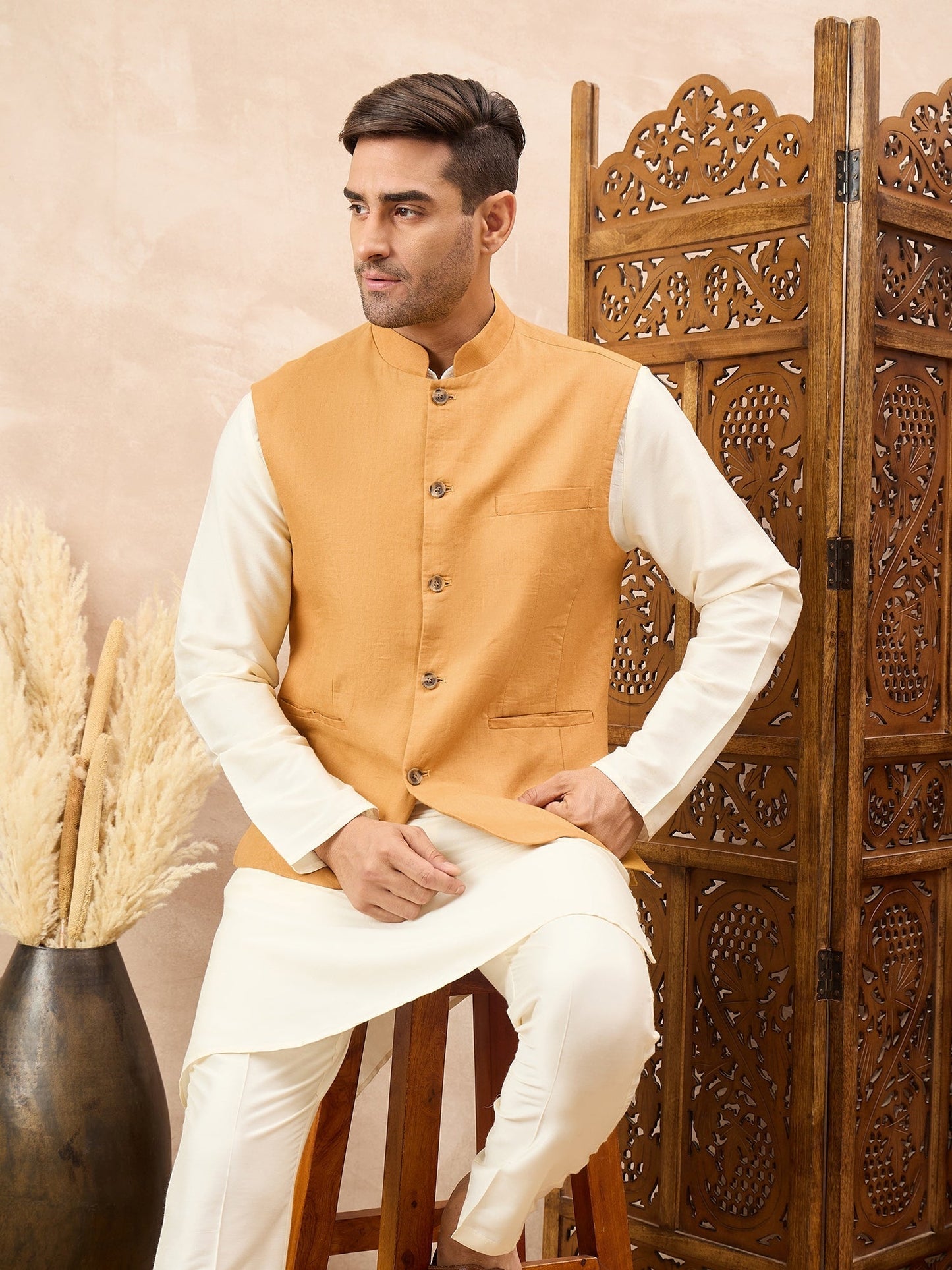 Mustard Kurta Waistcoat Set
