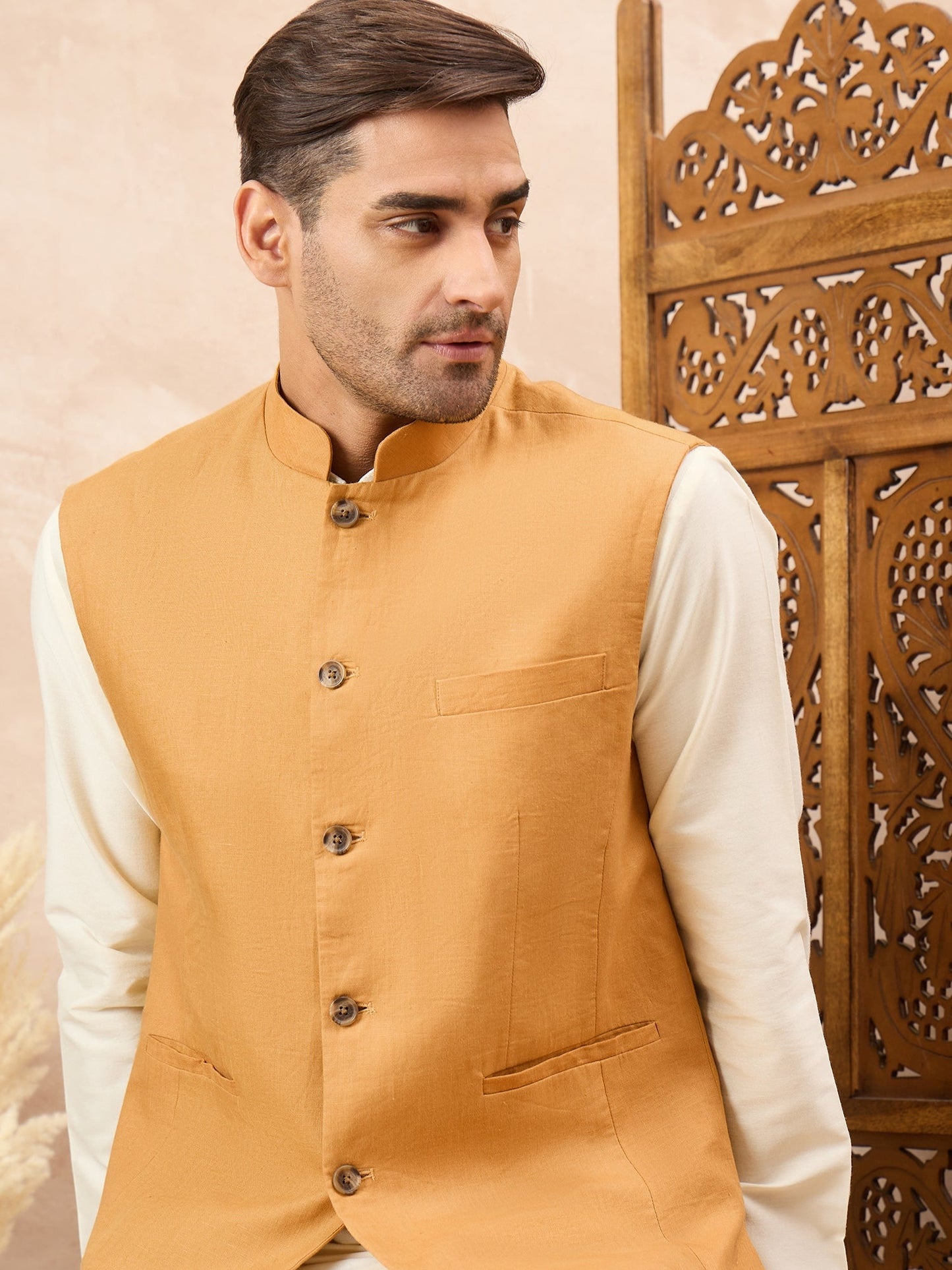 Mustard Kurta Waistcoat Set