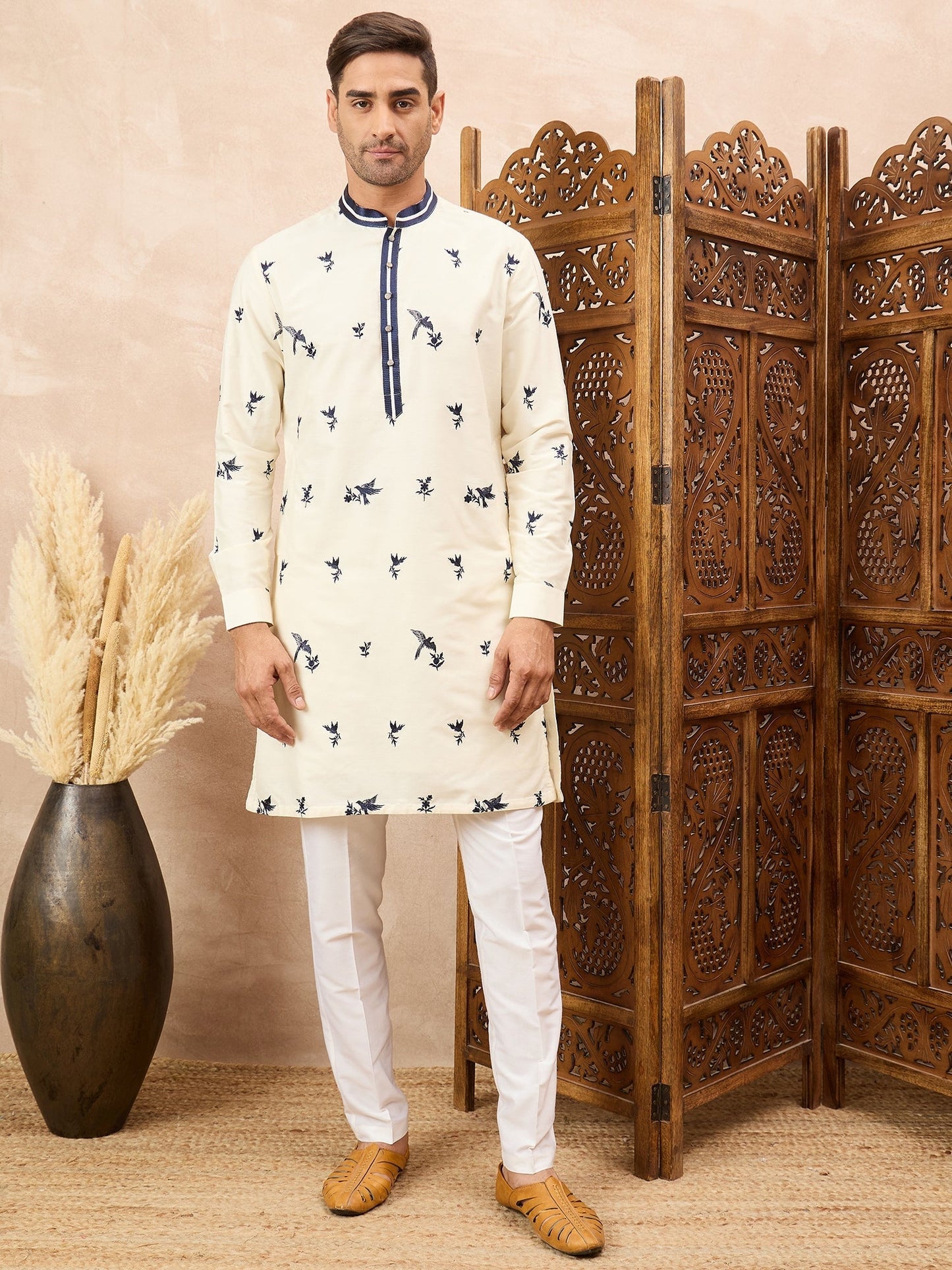 Ivory Bird Embroidered Kurta Pyjama Set