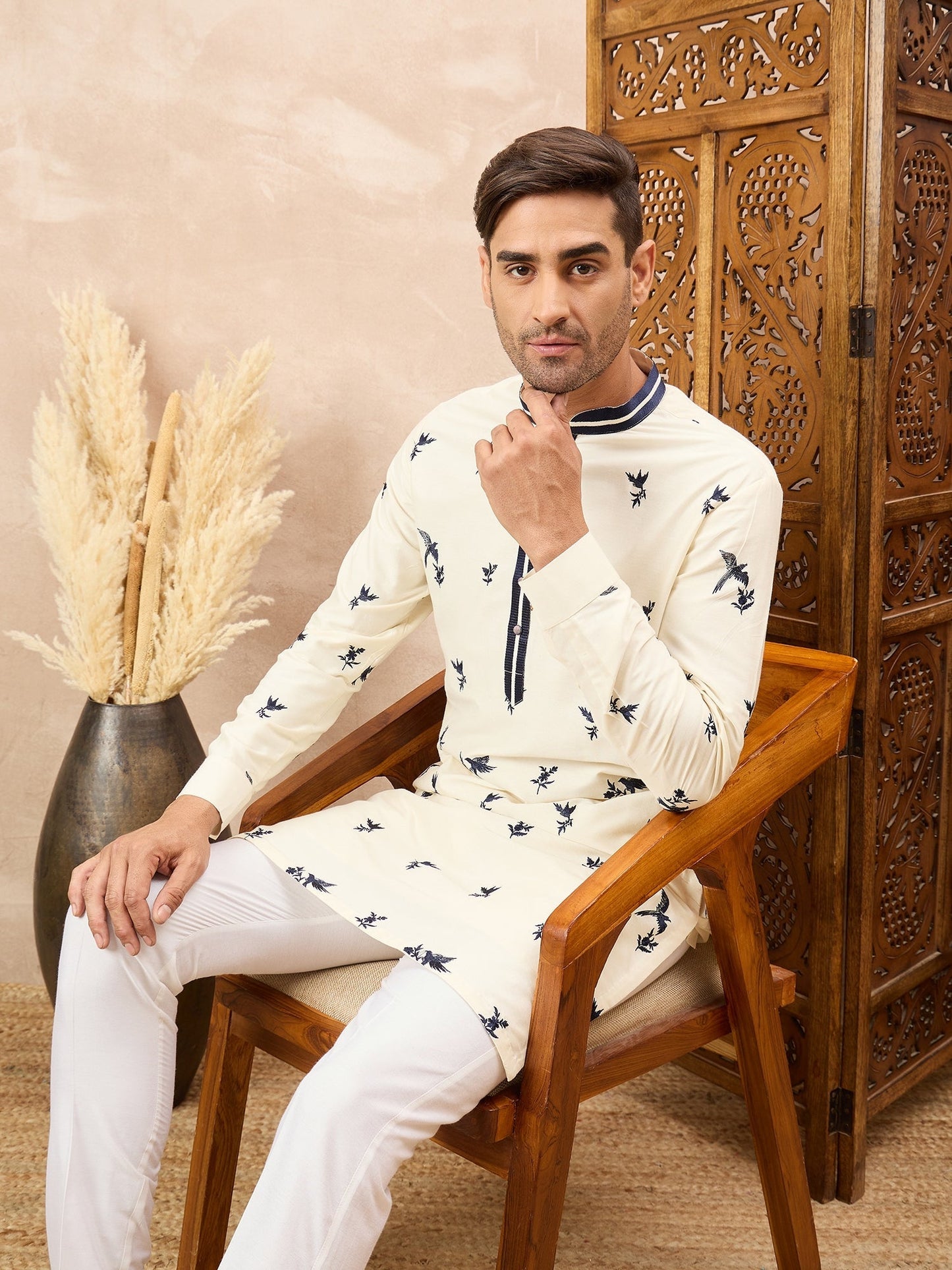 Ivory Bird Embroidered Kurta Pyjama Set