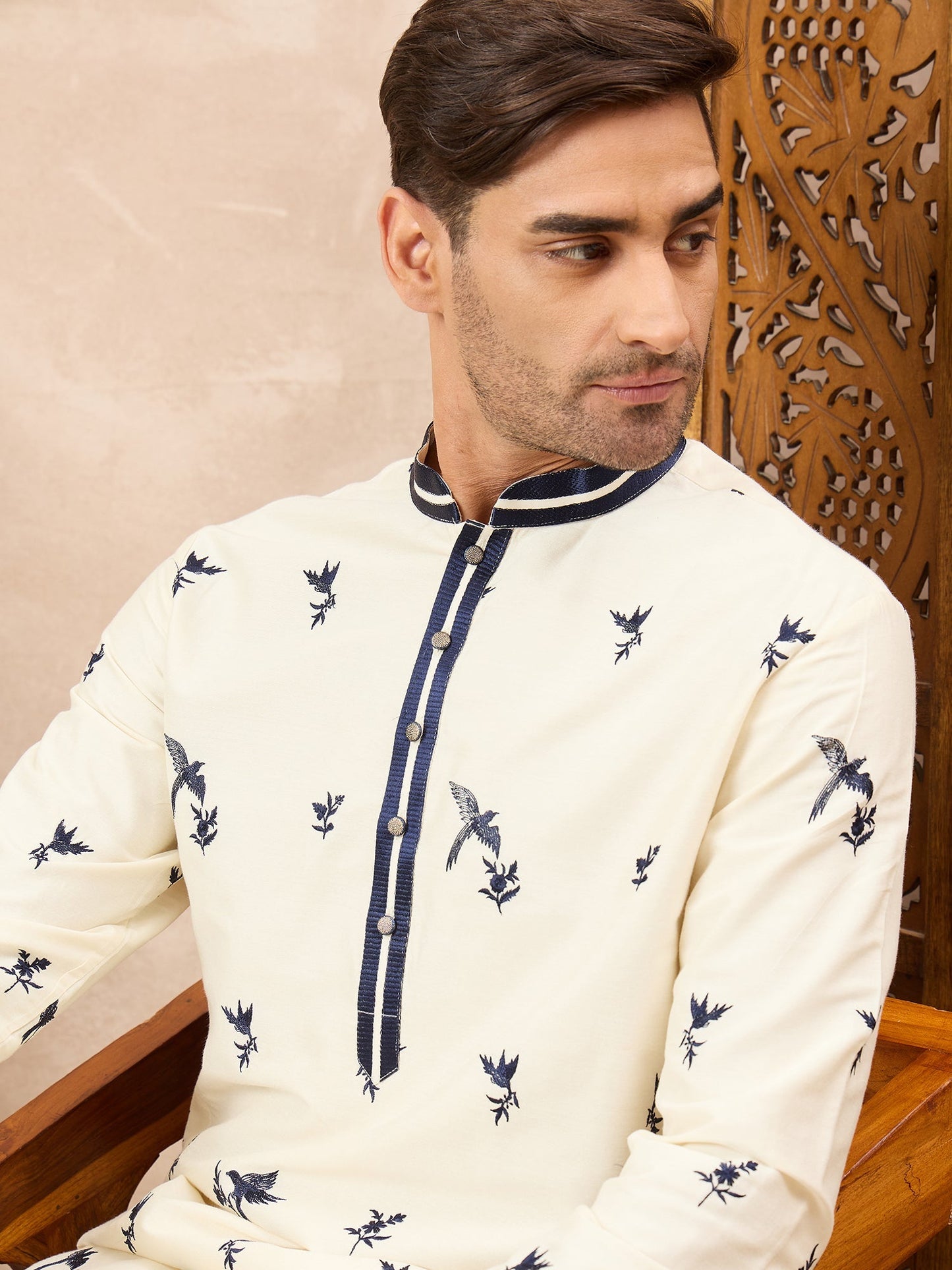 Ivory Bird Embroidered Kurta Pyjama Set