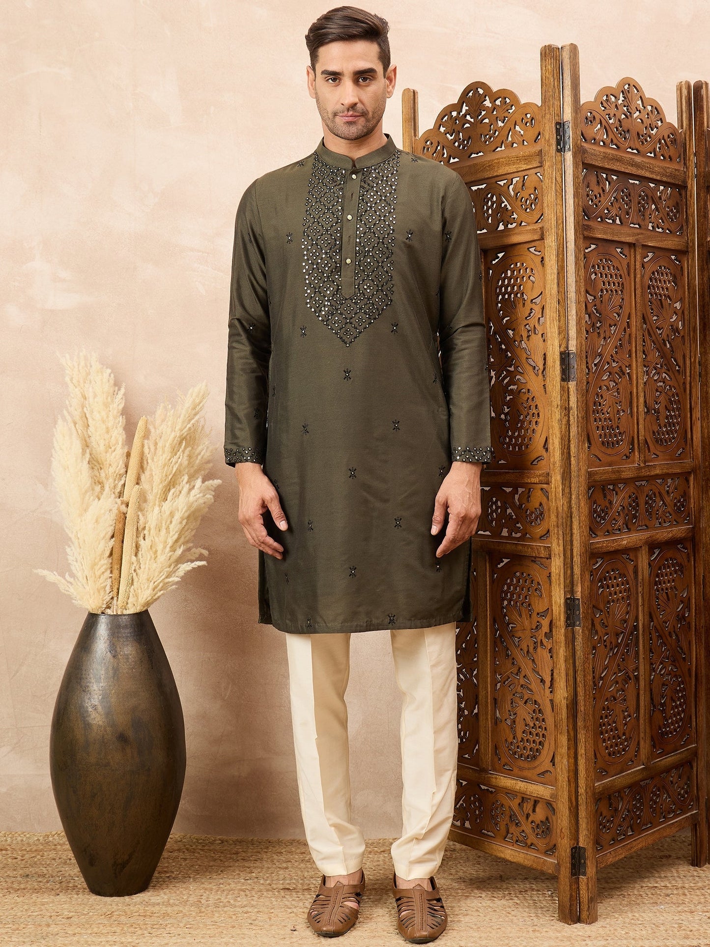 Olive Green Kurta Pyjama Set