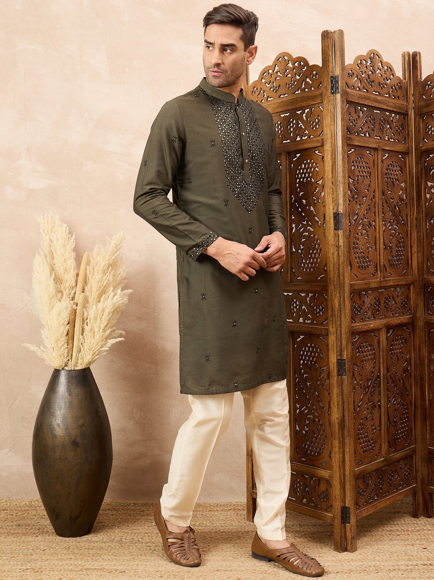 Olive Green Kurta Pyjama Set