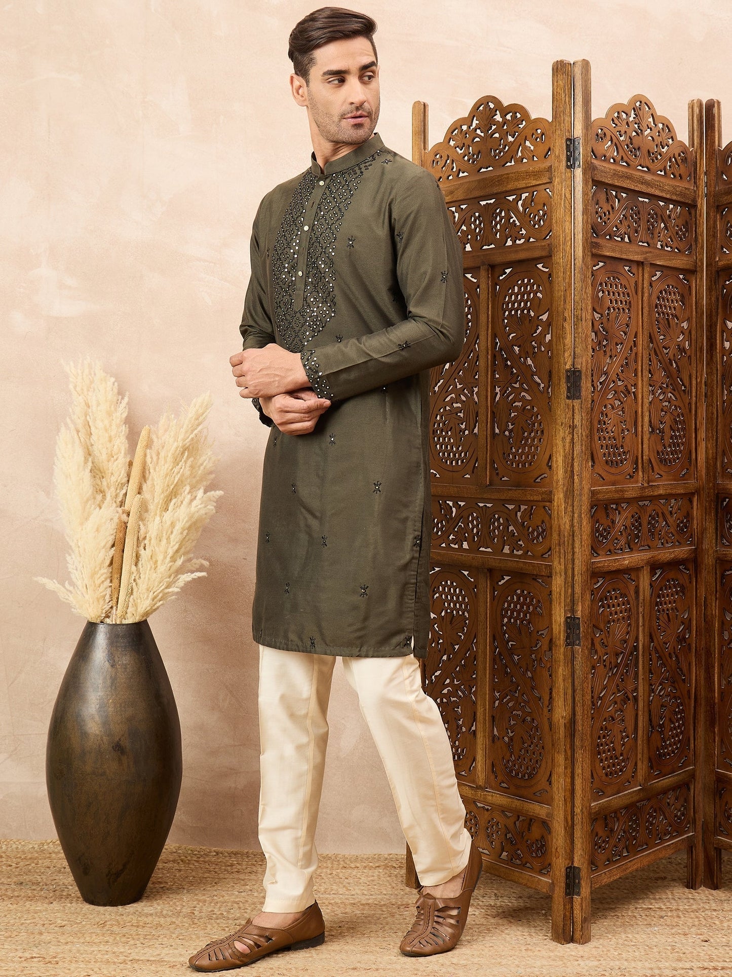 Olive Green Kurta Pyjama Set