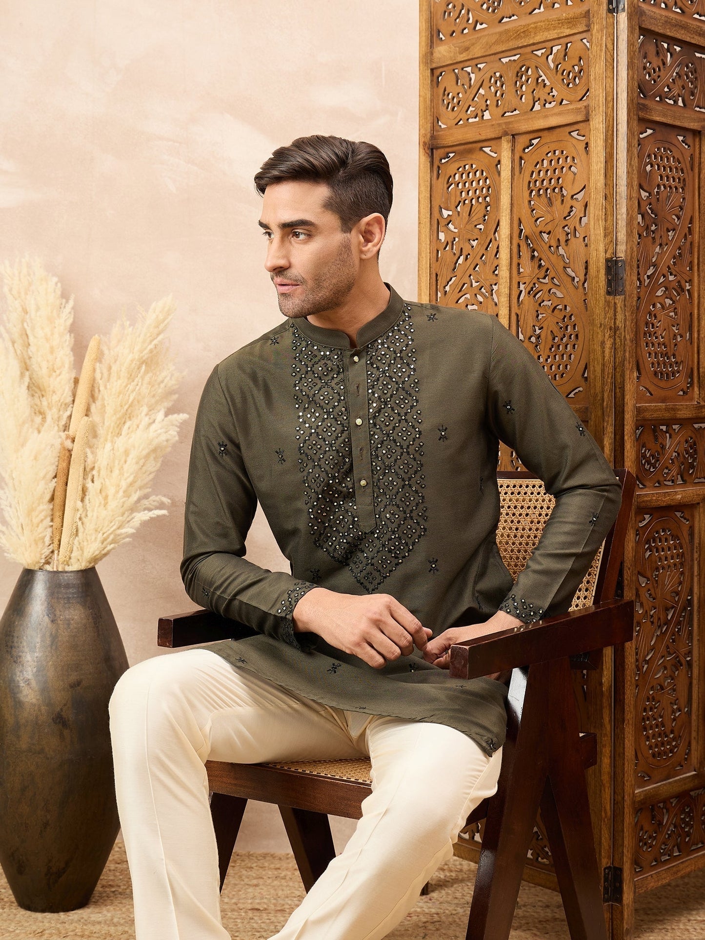 Olive Green Kurta Pyjama Set