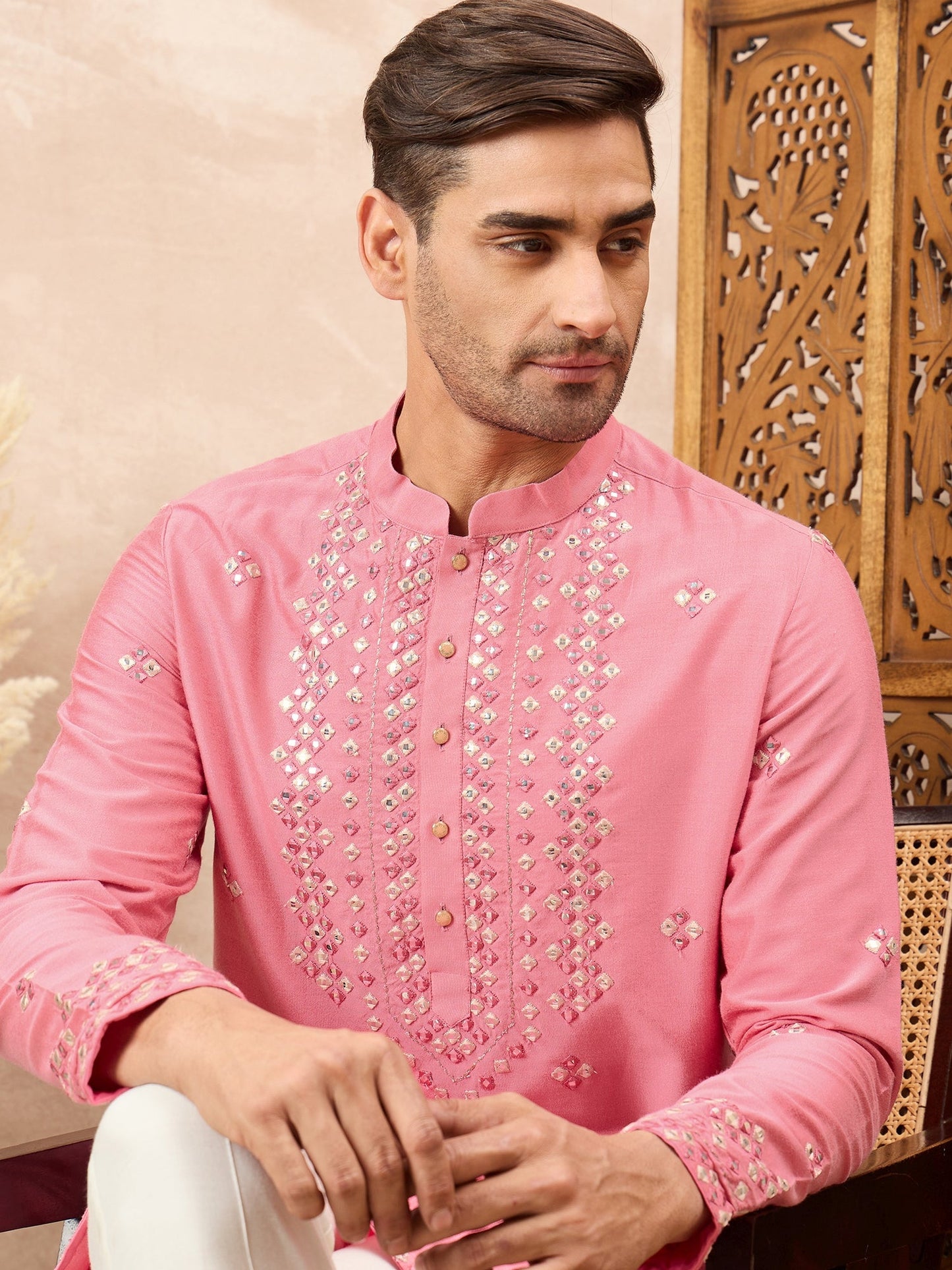 Pink Mirror Embroidered Kurta Pyjama Set
