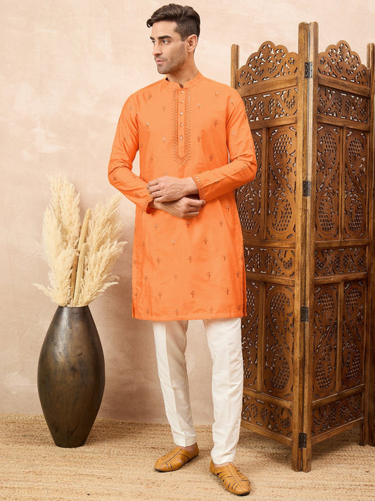 Orange Embroidered Kurta Pyjama Set