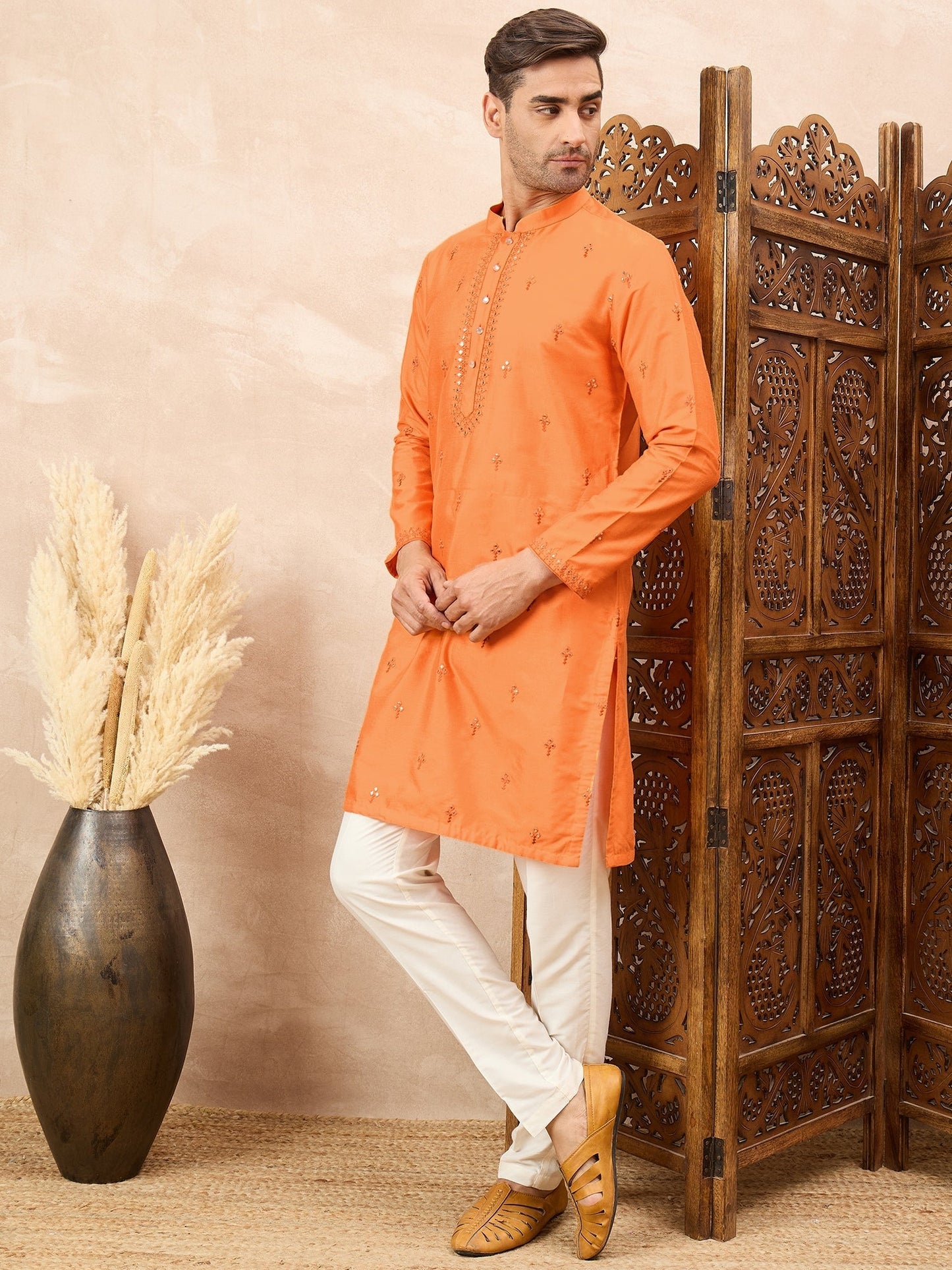 Orange Embroidered Kurta Pyjama Set