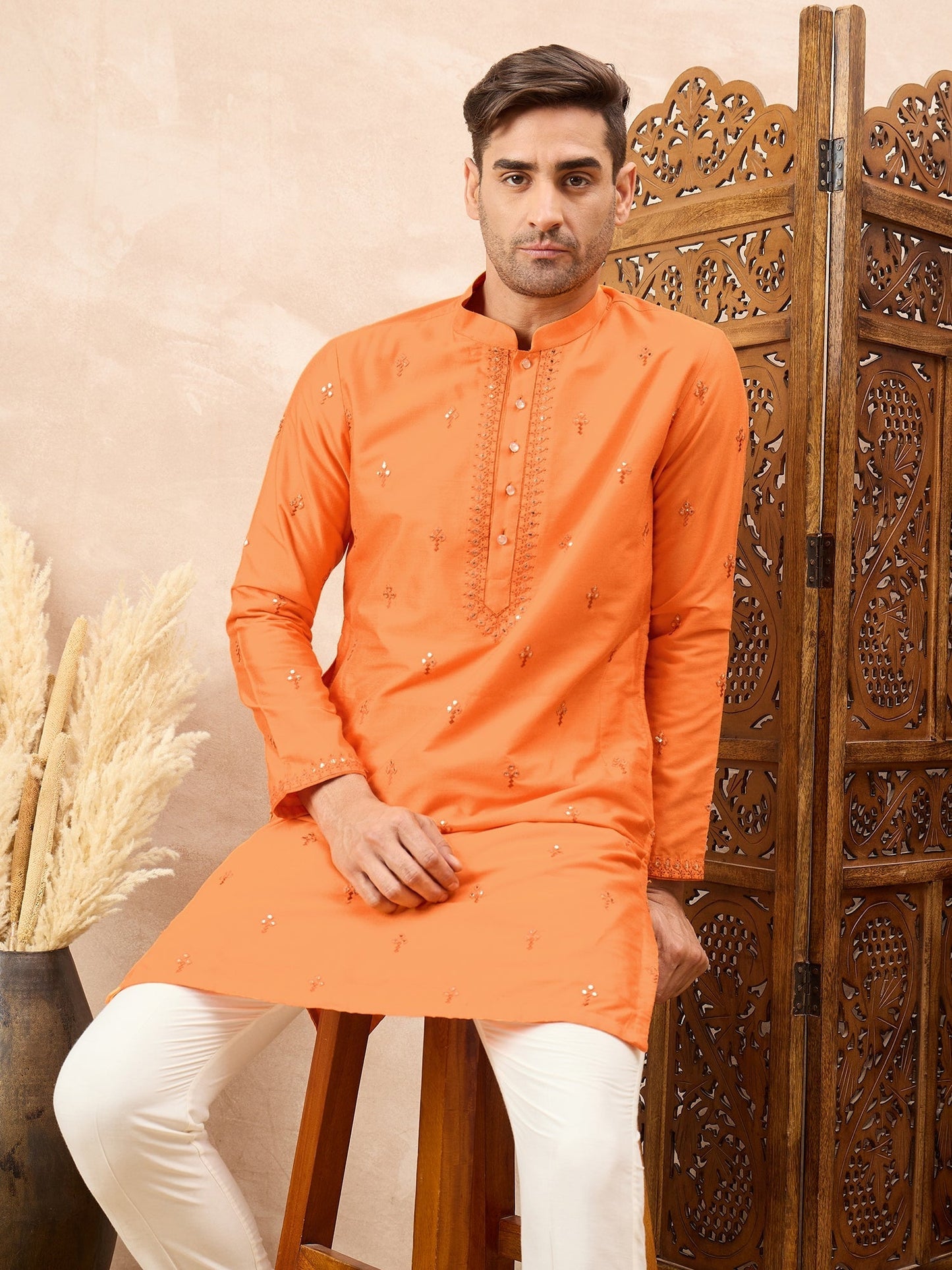 Orange Embroidered Kurta Pyjama Set