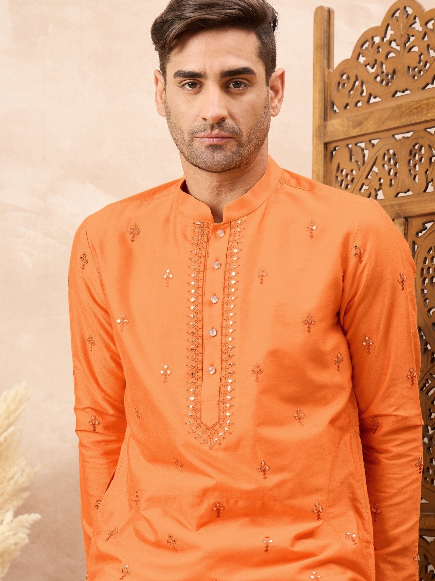 Orange Embroidered Kurta Pyjama Set