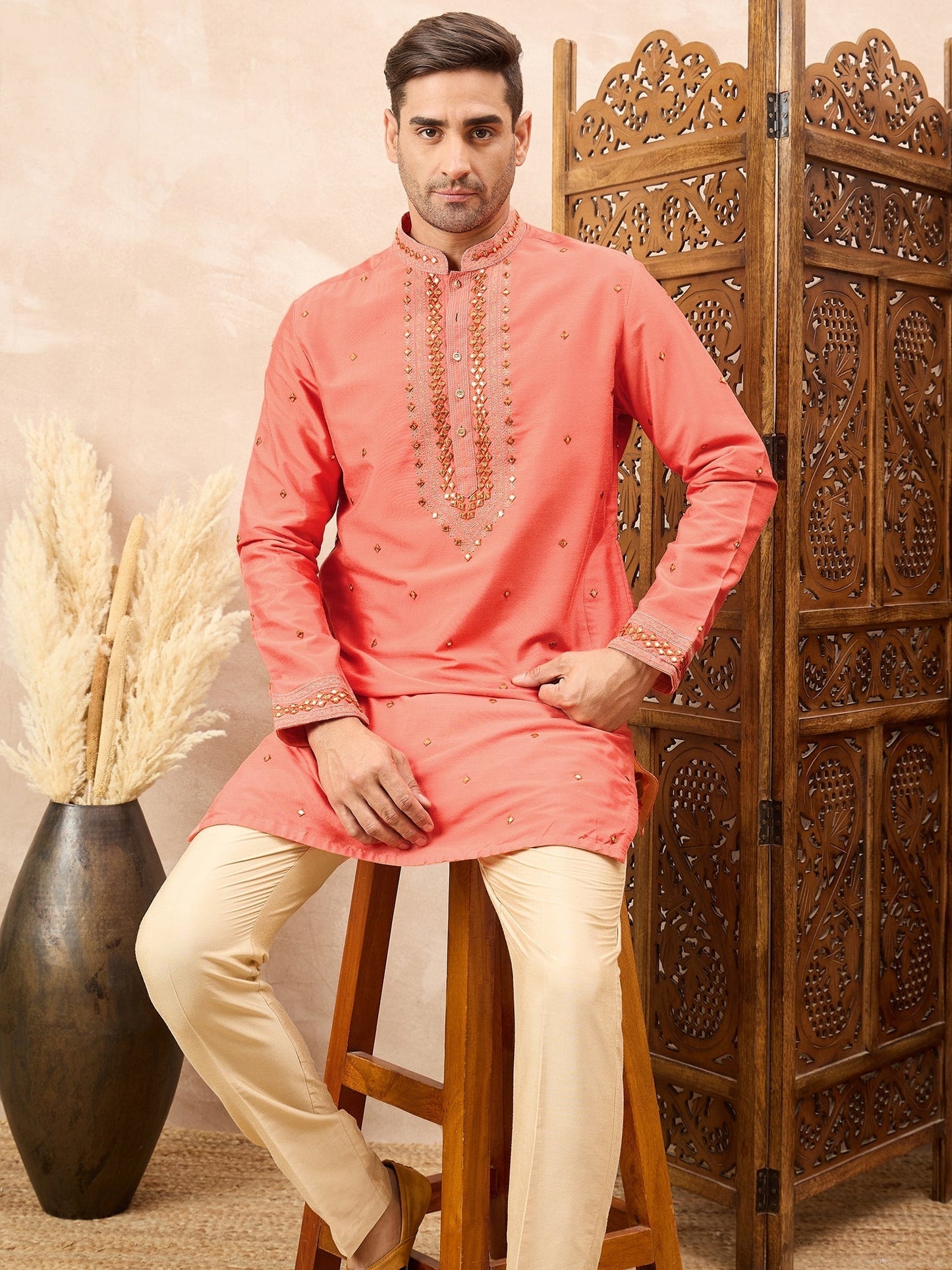 Coral Kurta Pyjama Set with Heavy Embroidery