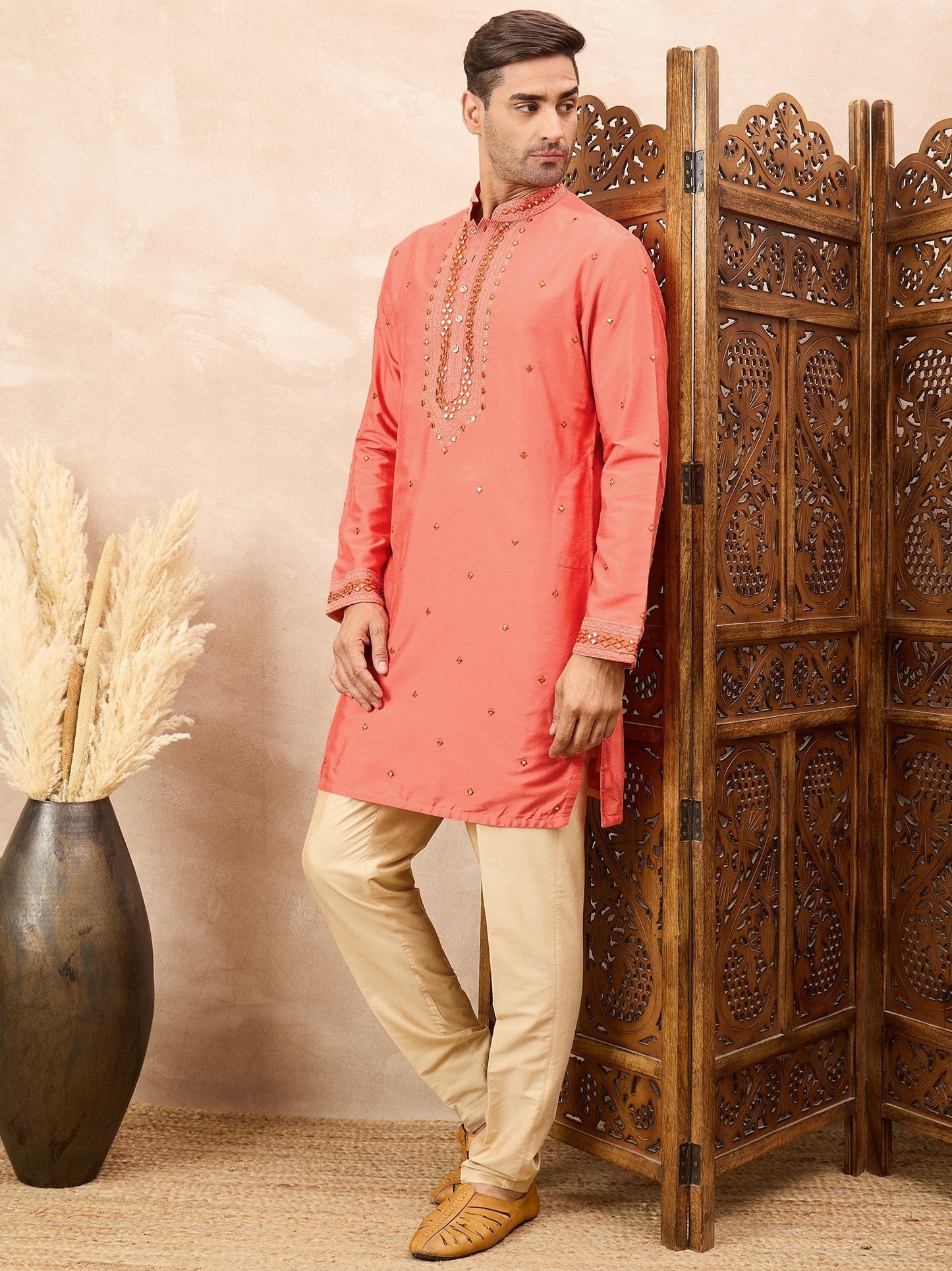 Coral Kurta Pyjama Set with Heavy Embroidery