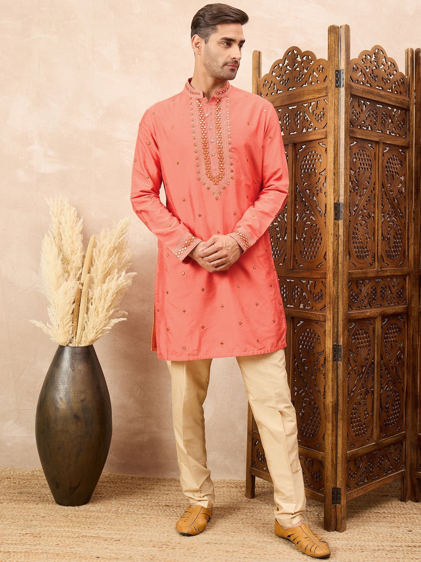 Coral Kurta Pyjama Set with Heavy Embroidery