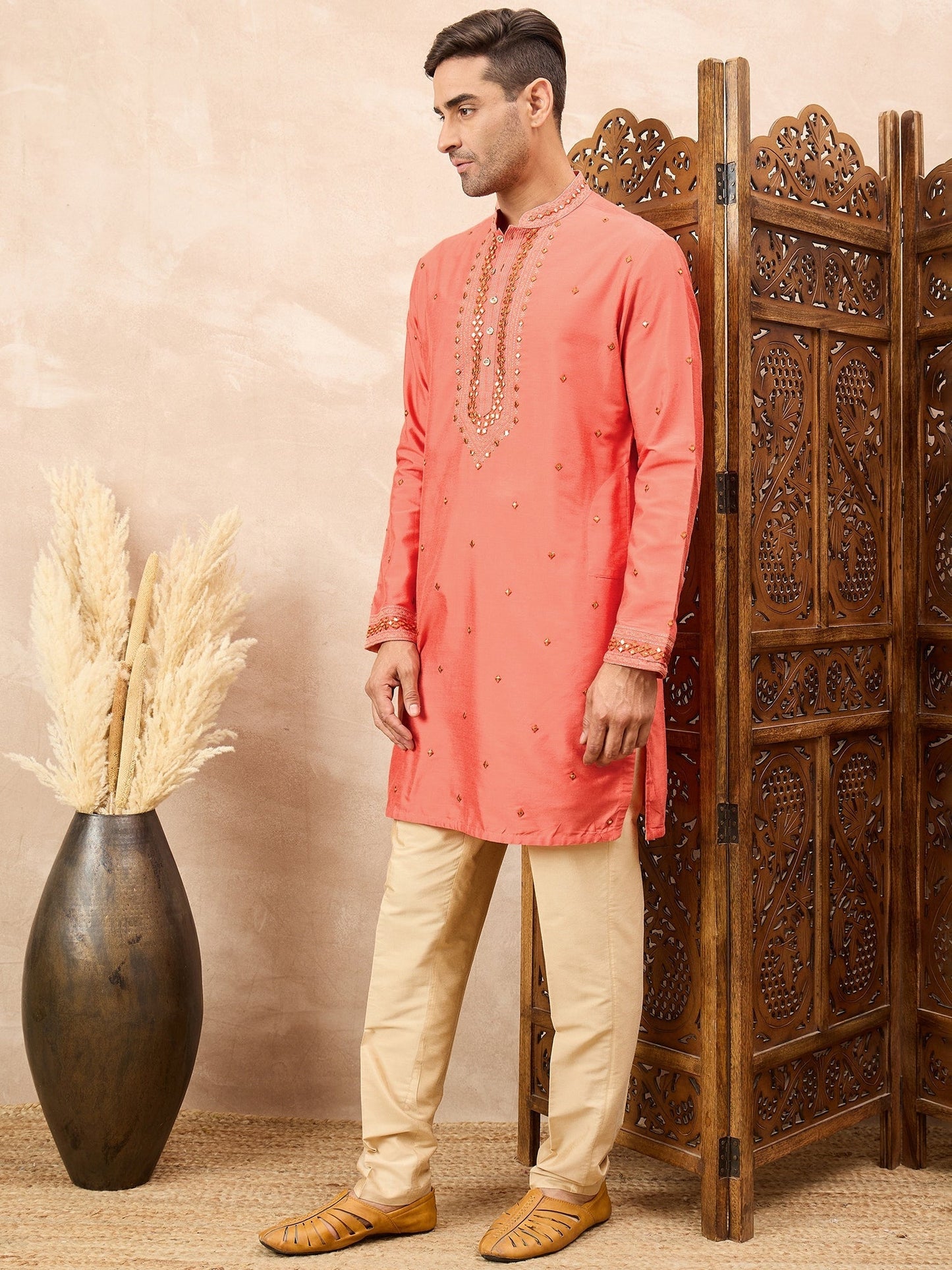 Coral Kurta Pyjama Set with Heavy Embroidery