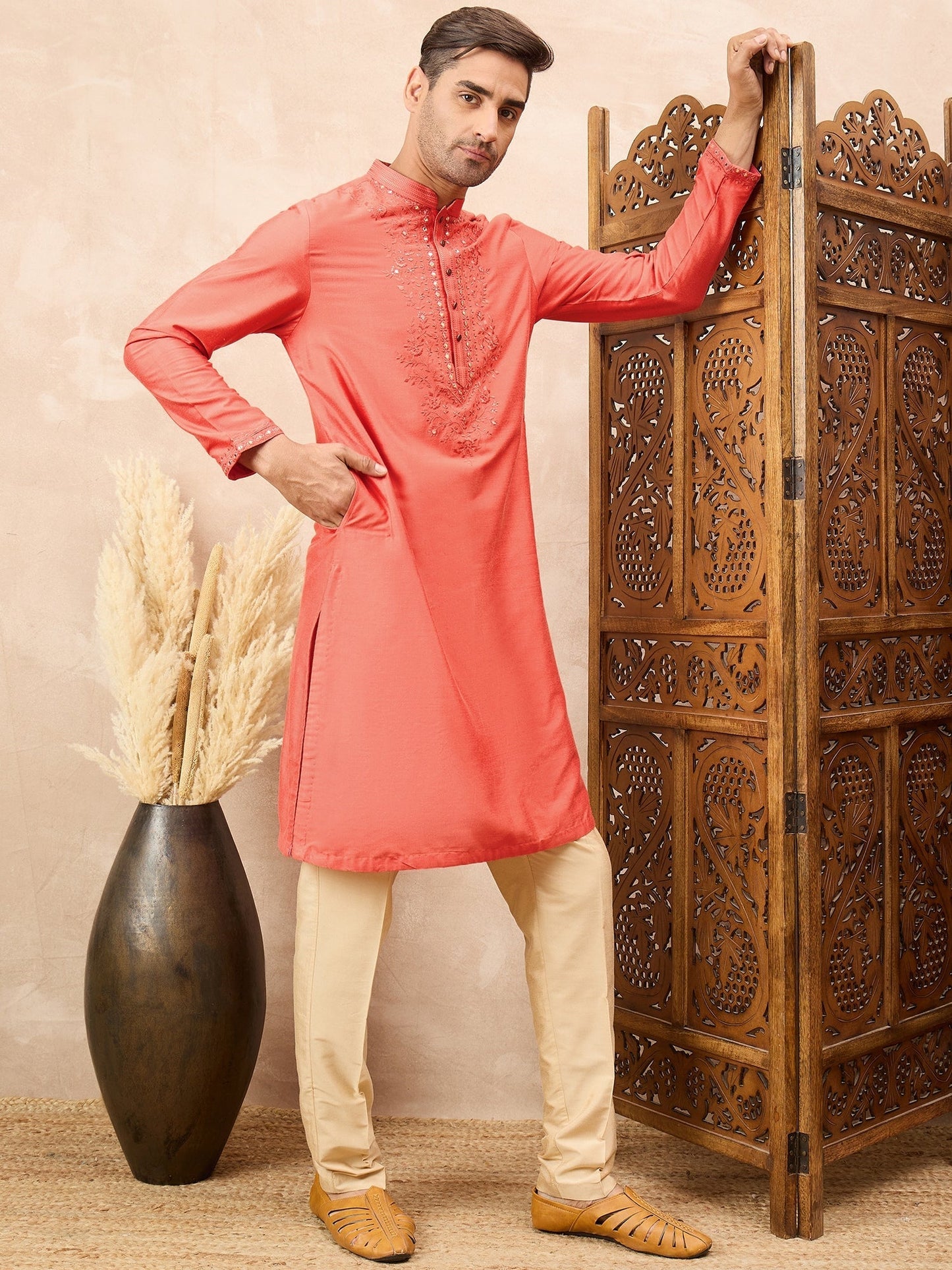 Salmon Peach Kurta Pyjama Set