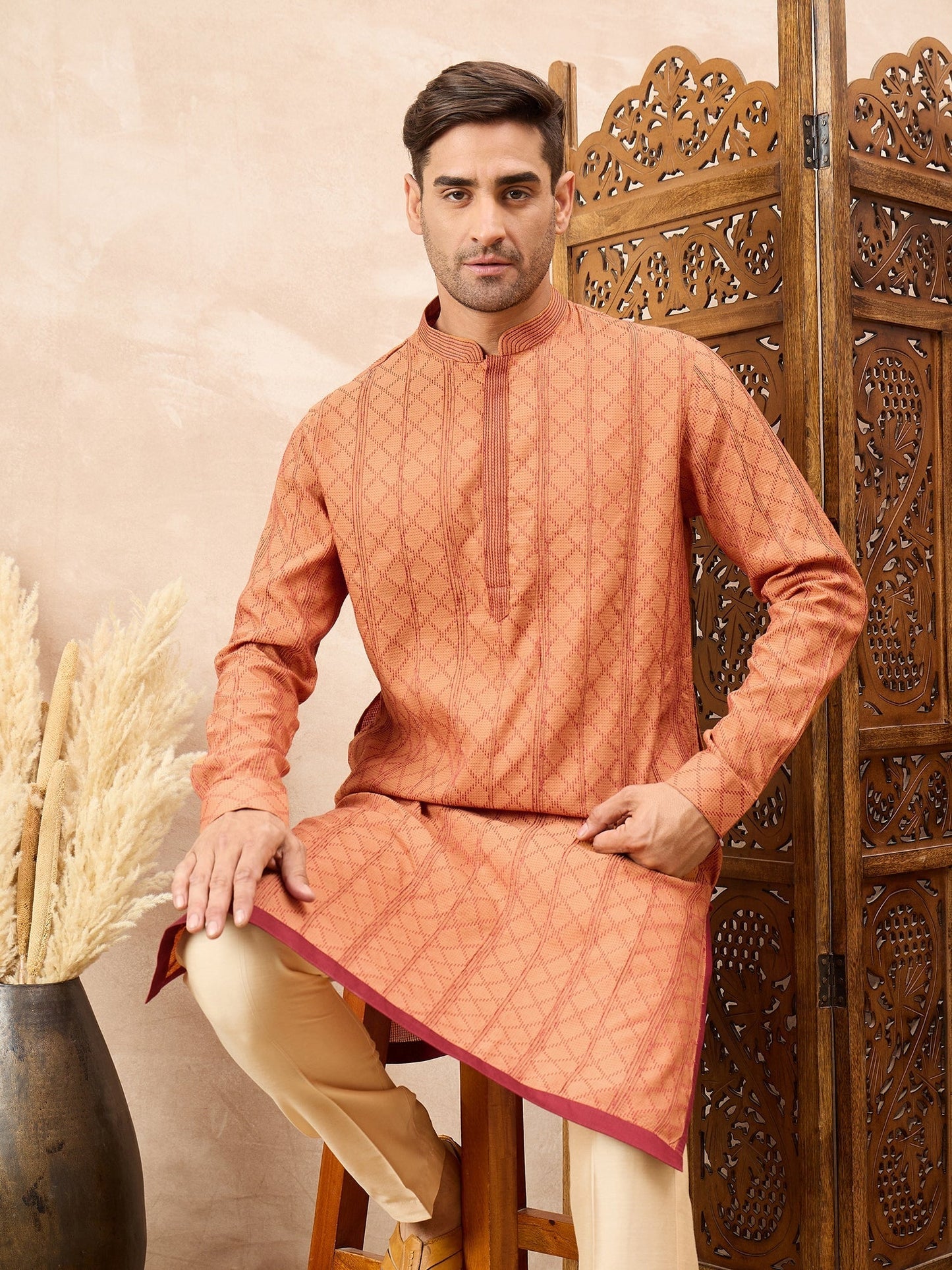 Rust Printed Kurta Pyjama Set
