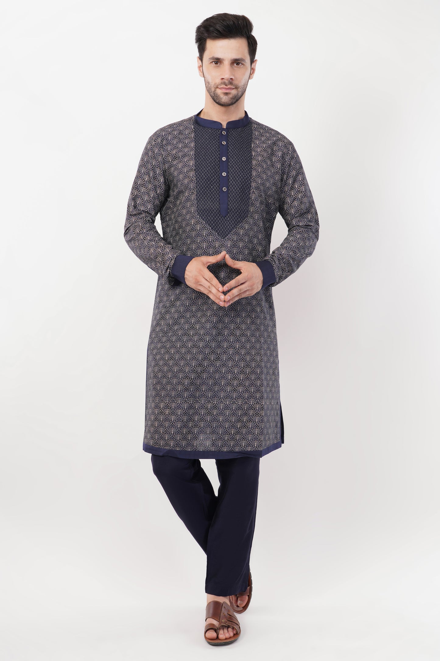 Black Cotton Zari Embroidered Kurta Set