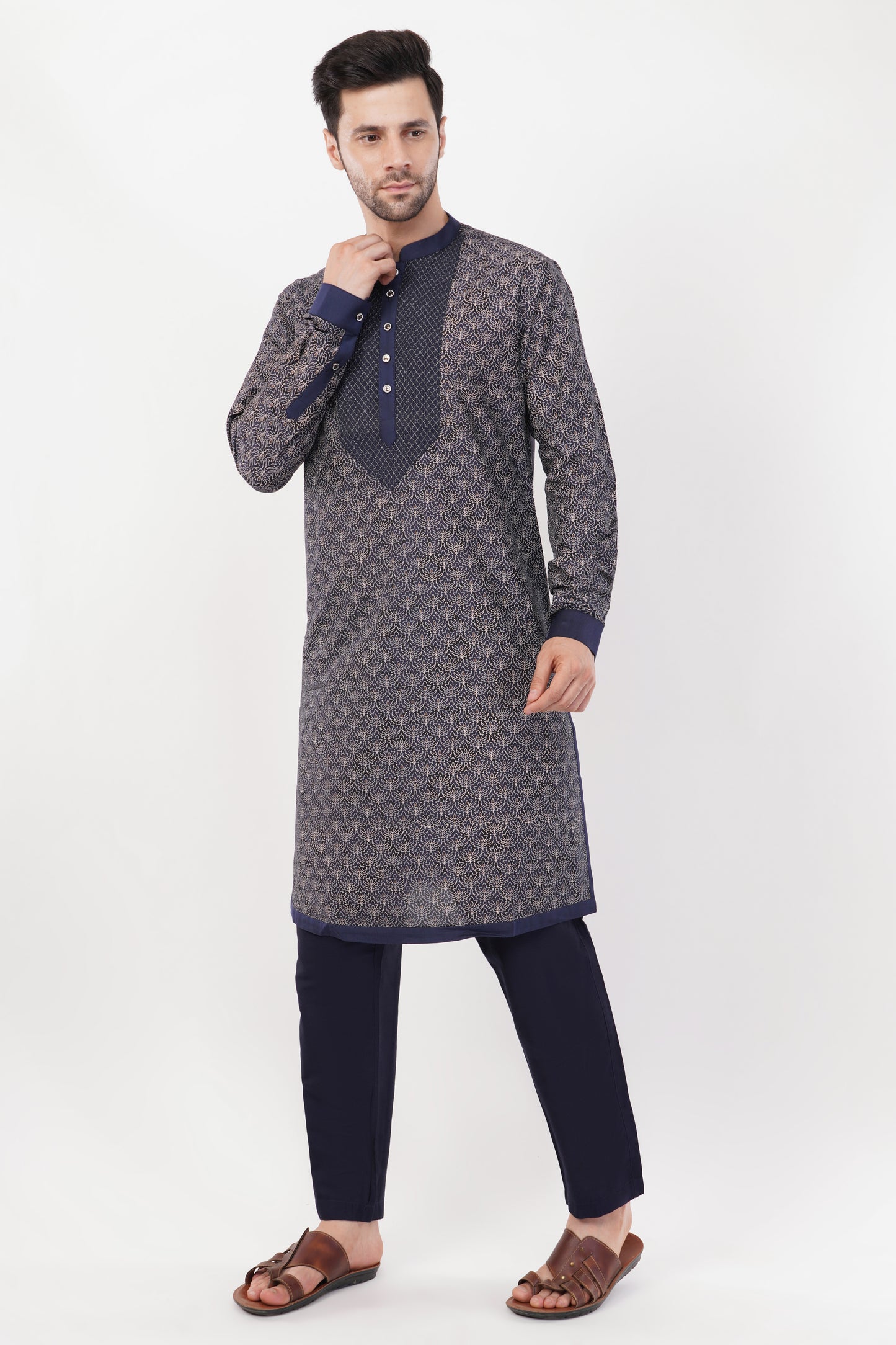 Black Cotton Zari Embroidered Kurta Set