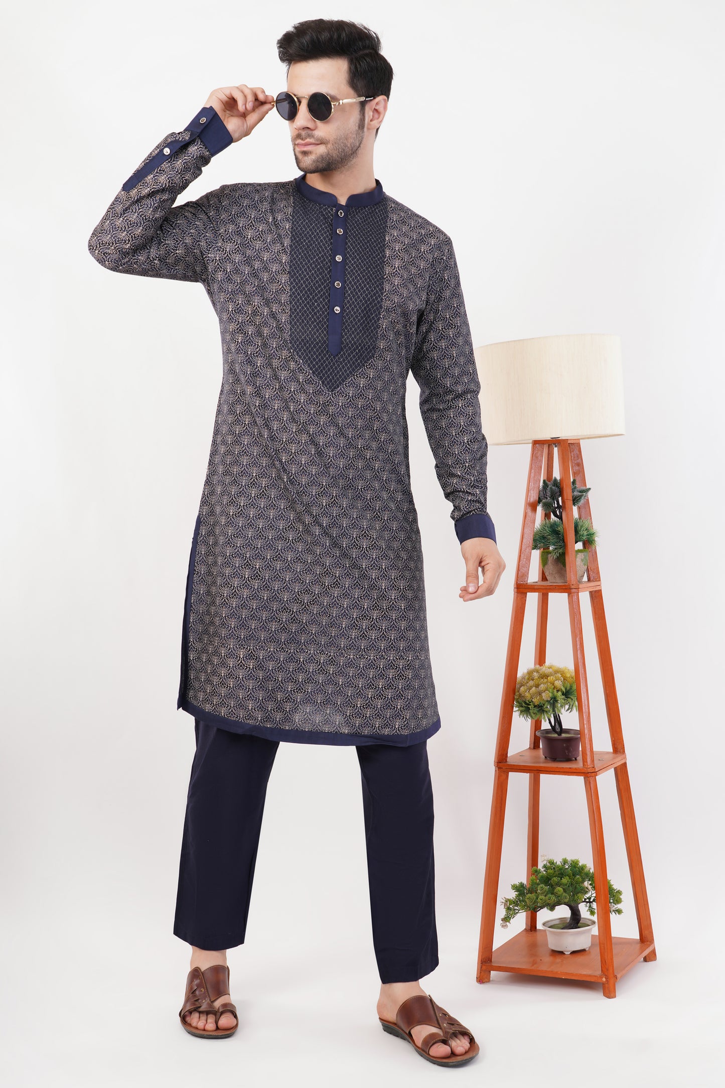 Black Cotton Zari Embroidered Kurta Set