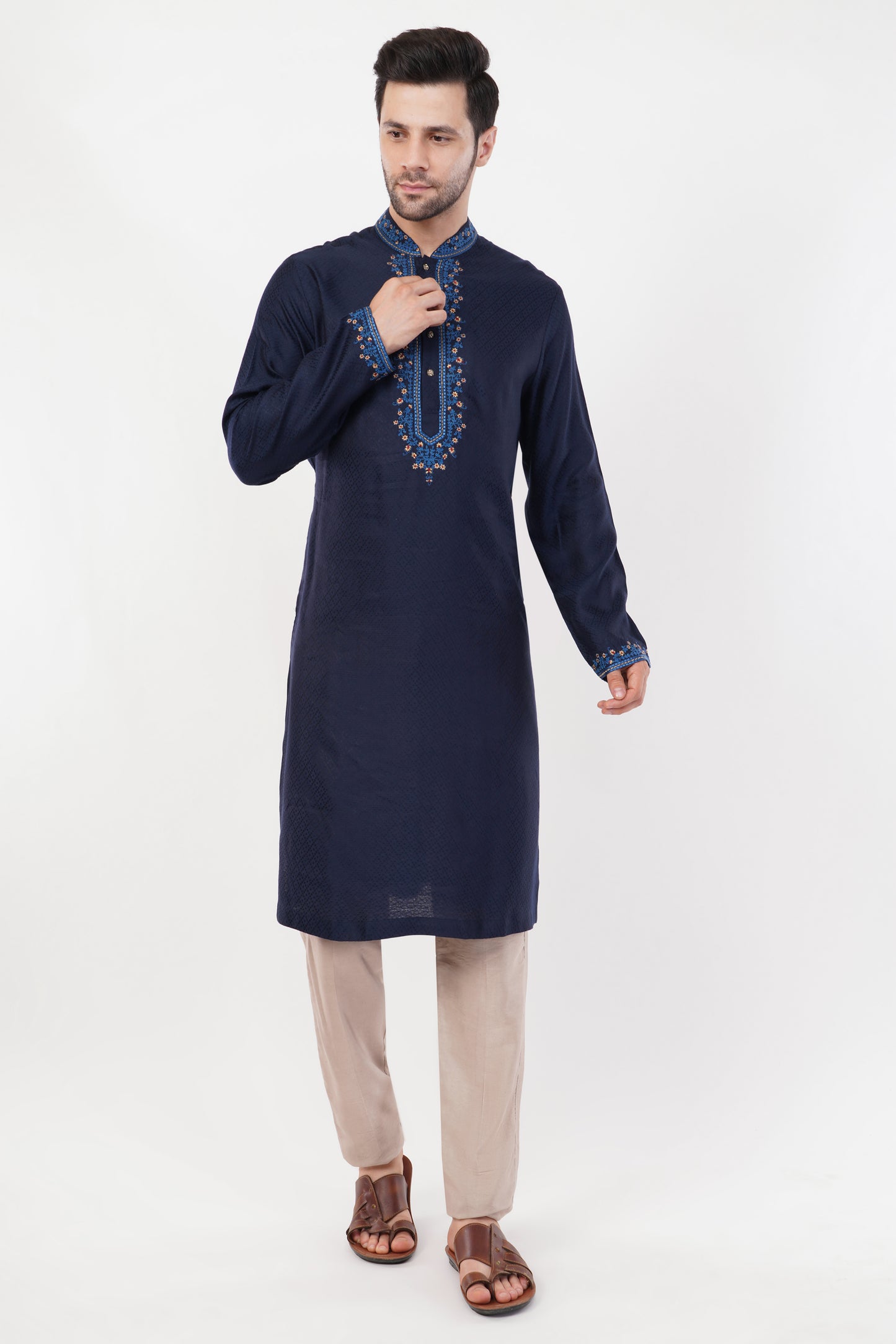 Navy Blue Jacquard Contrast Collar Kurta Set