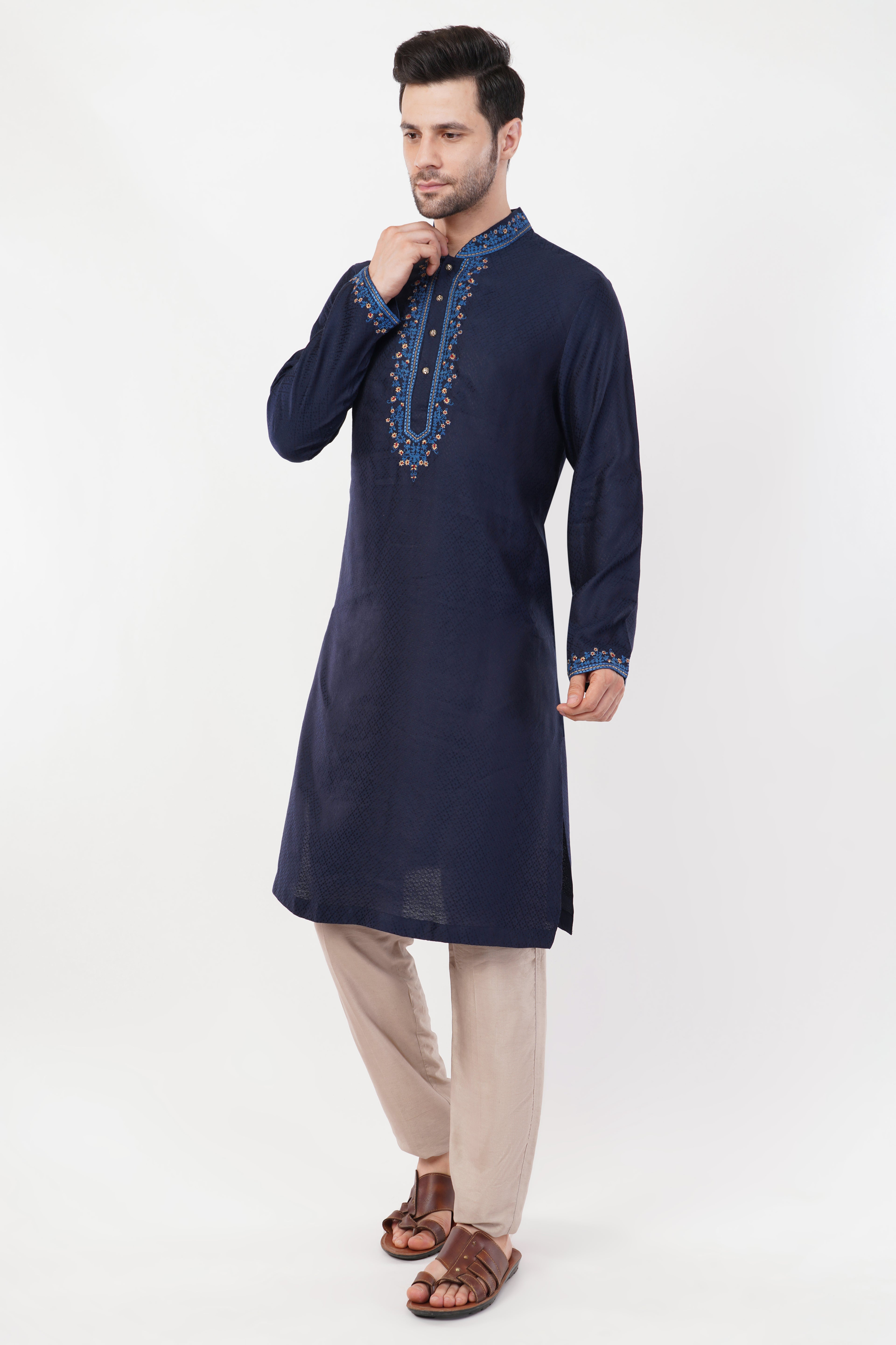 Navy Blue Jacquard Contrast Collar Kurta Set