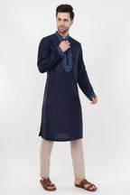 Navy Blue Jacquard Contrast Collar Kurta Set