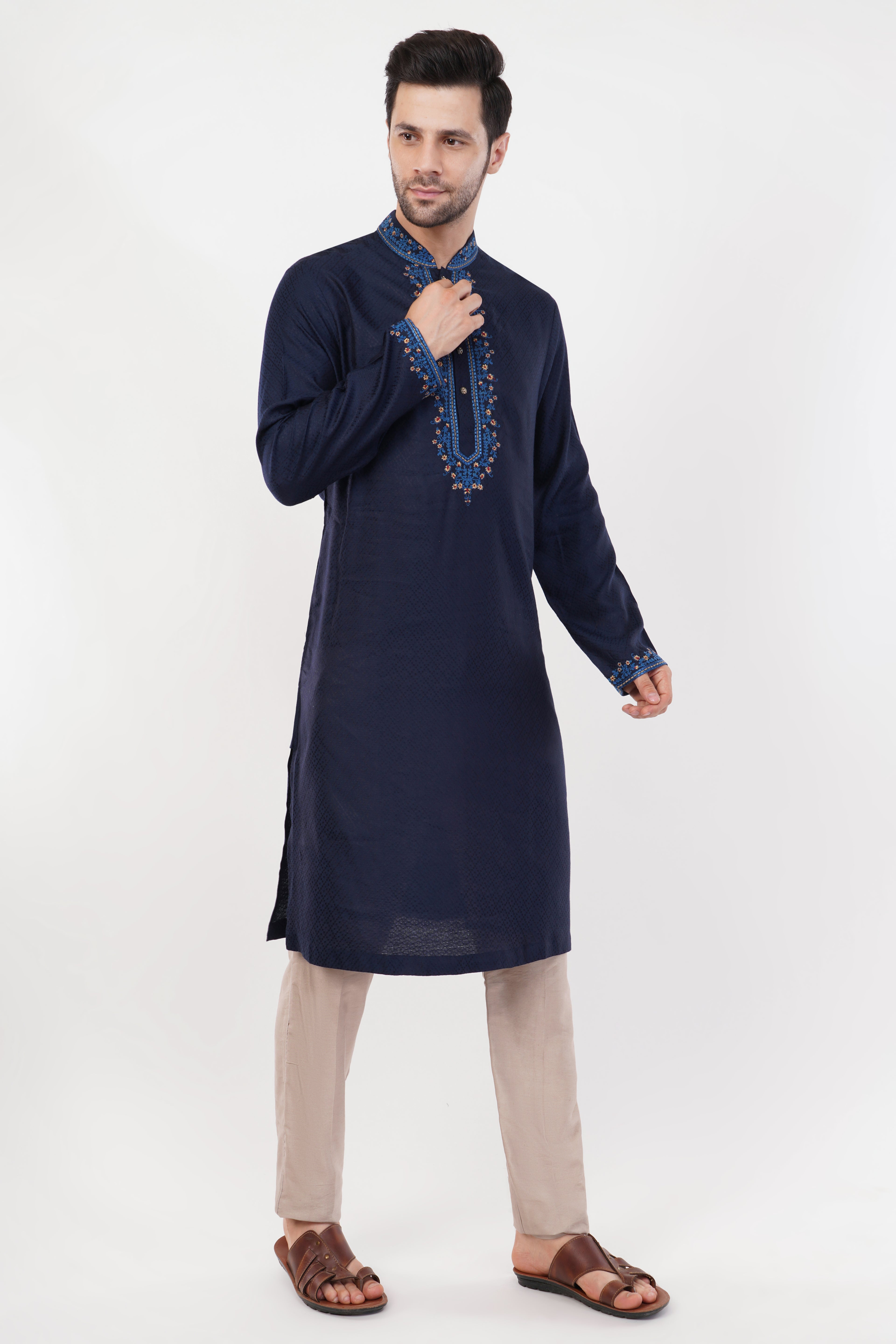 Navy Blue Jacquard Contrast Collar Kurta Set