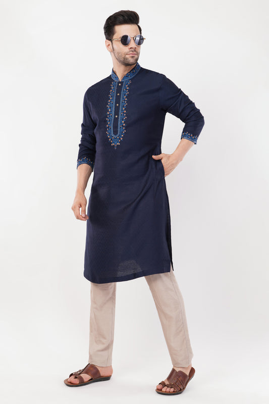 Navy Blue Jacquard Contrast Collar Kurta Set