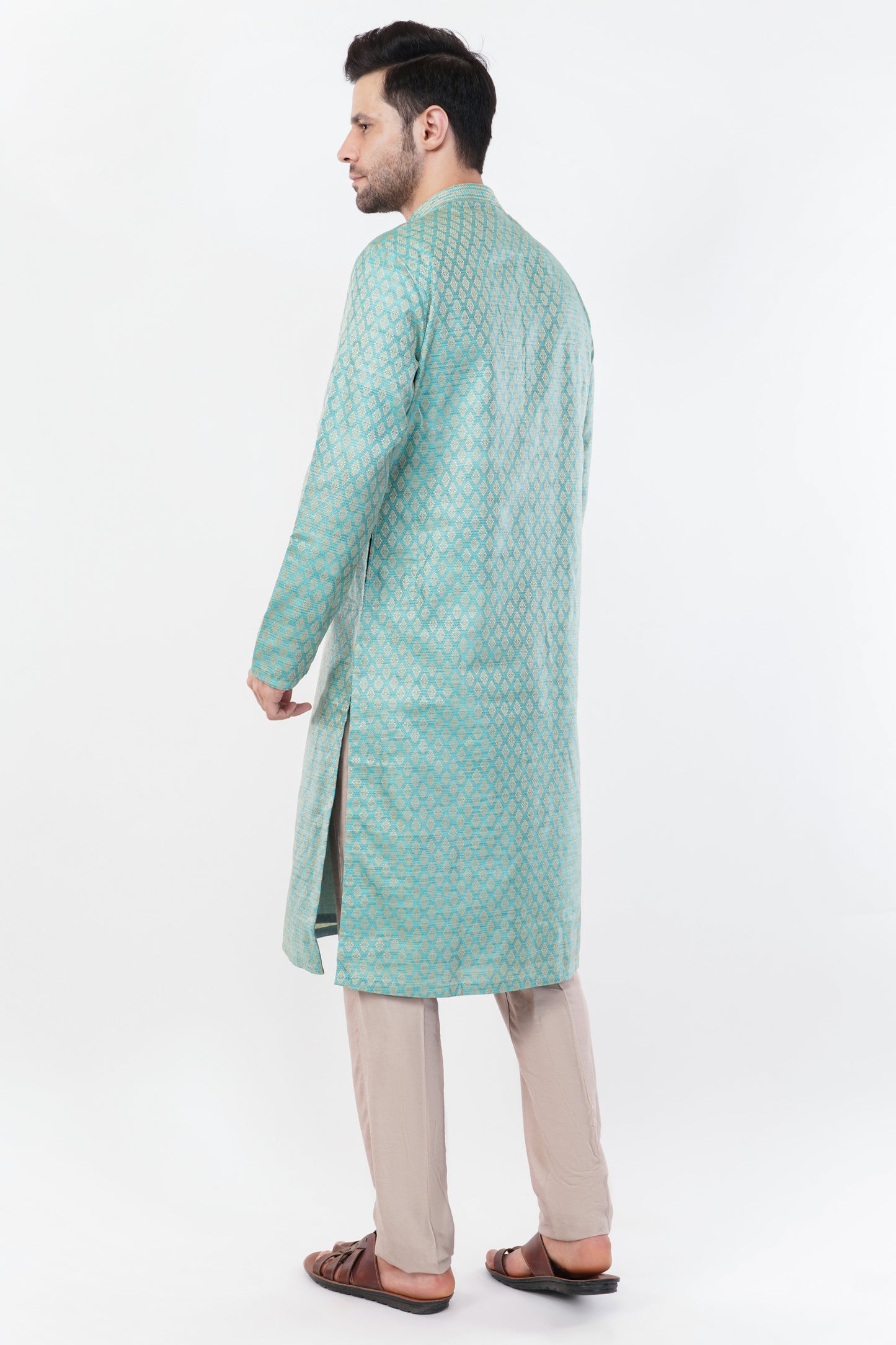 Pastel Green Jacquard resham embroidered Kurta Set