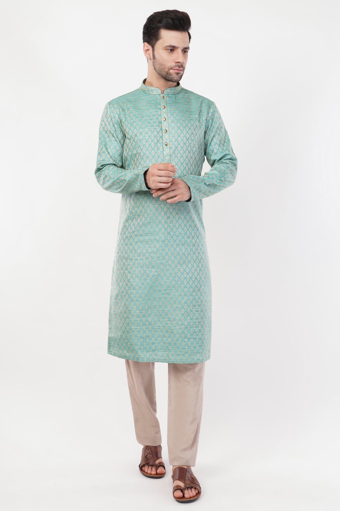 Pastel Green Jacquard resham embroidered Kurta Set