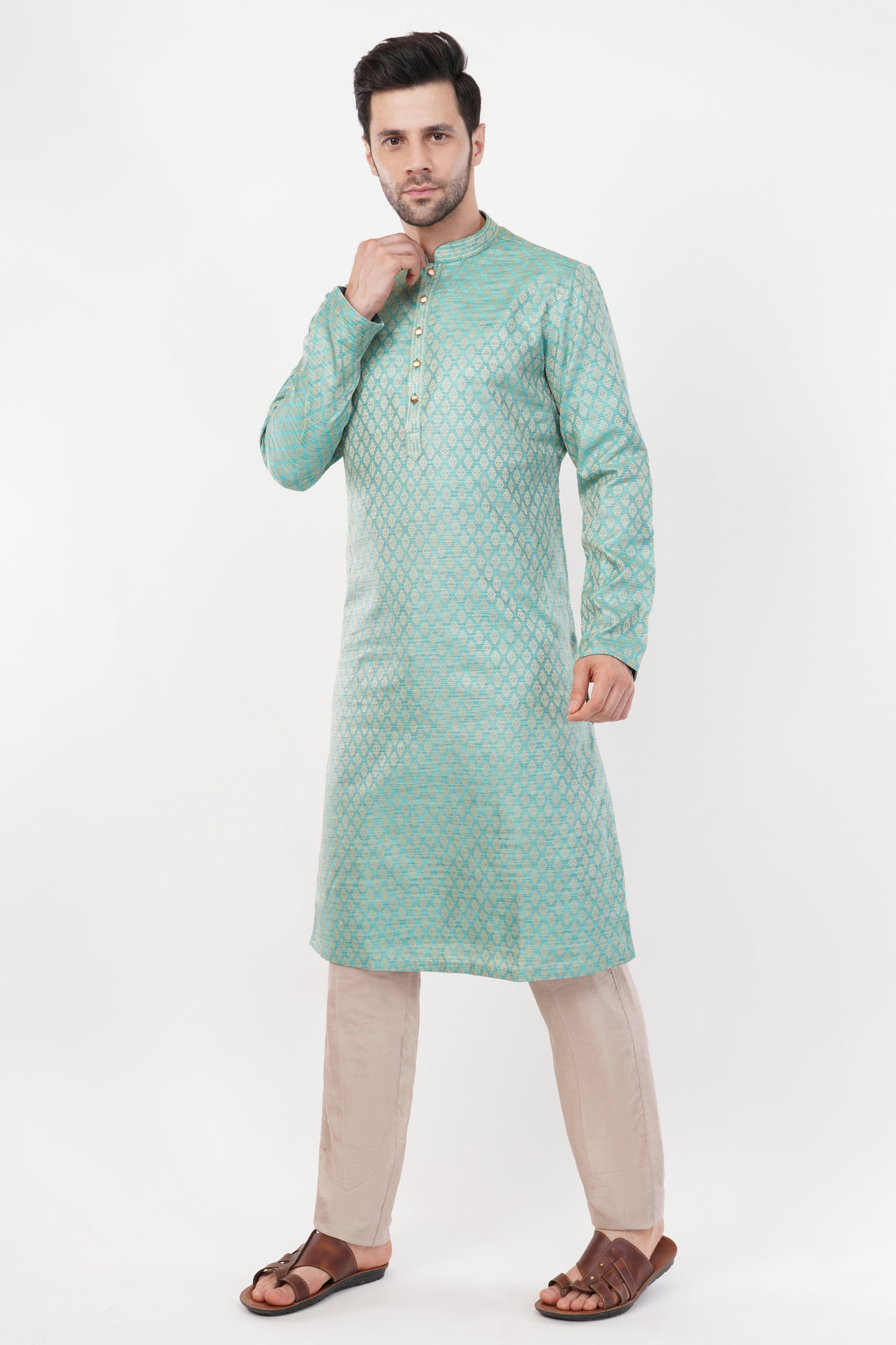 Pastel Green Jacquard resham embroidered Kurta Set