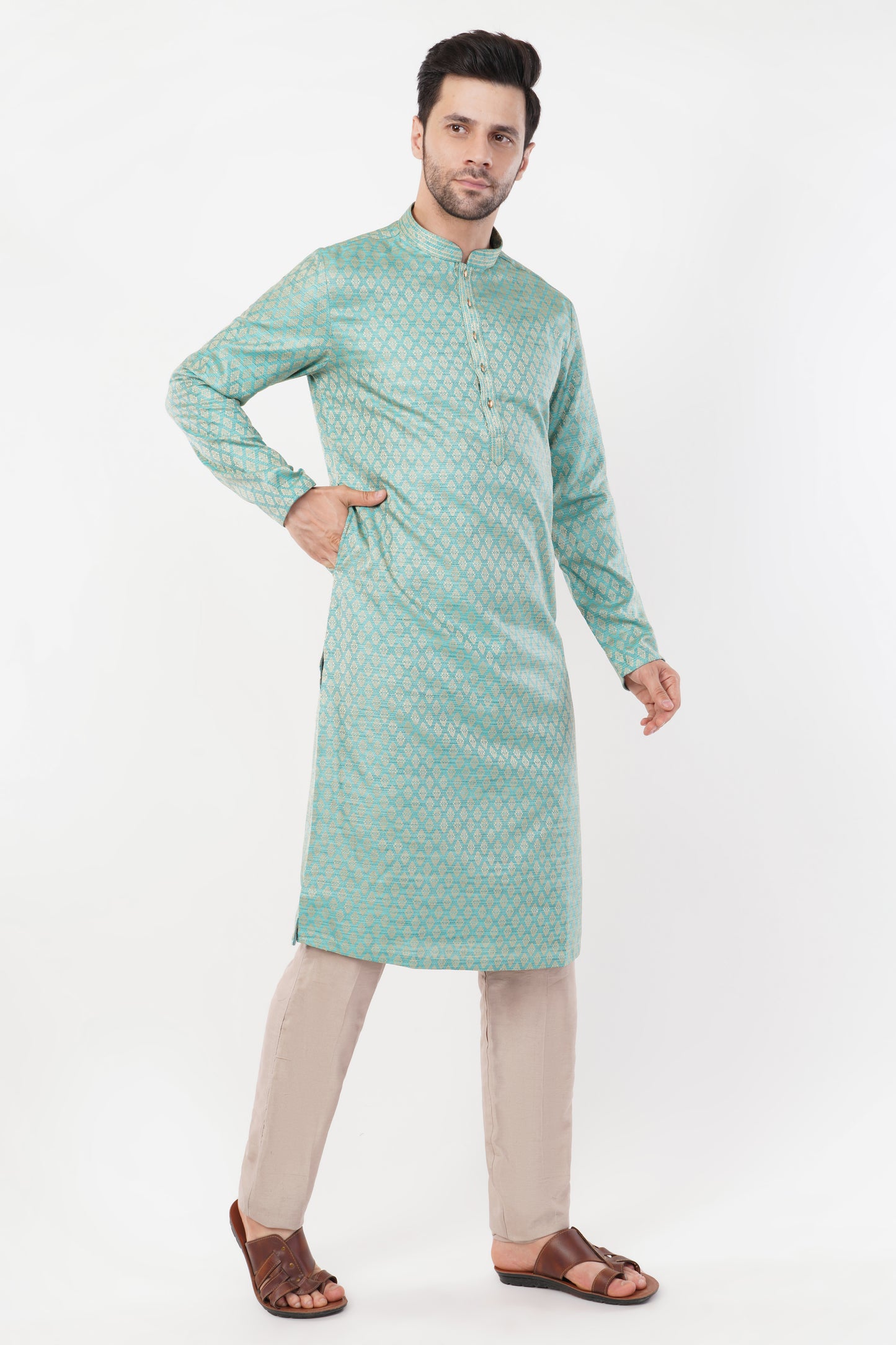 Pastel Green Jacquard resham embroidered Kurta Set