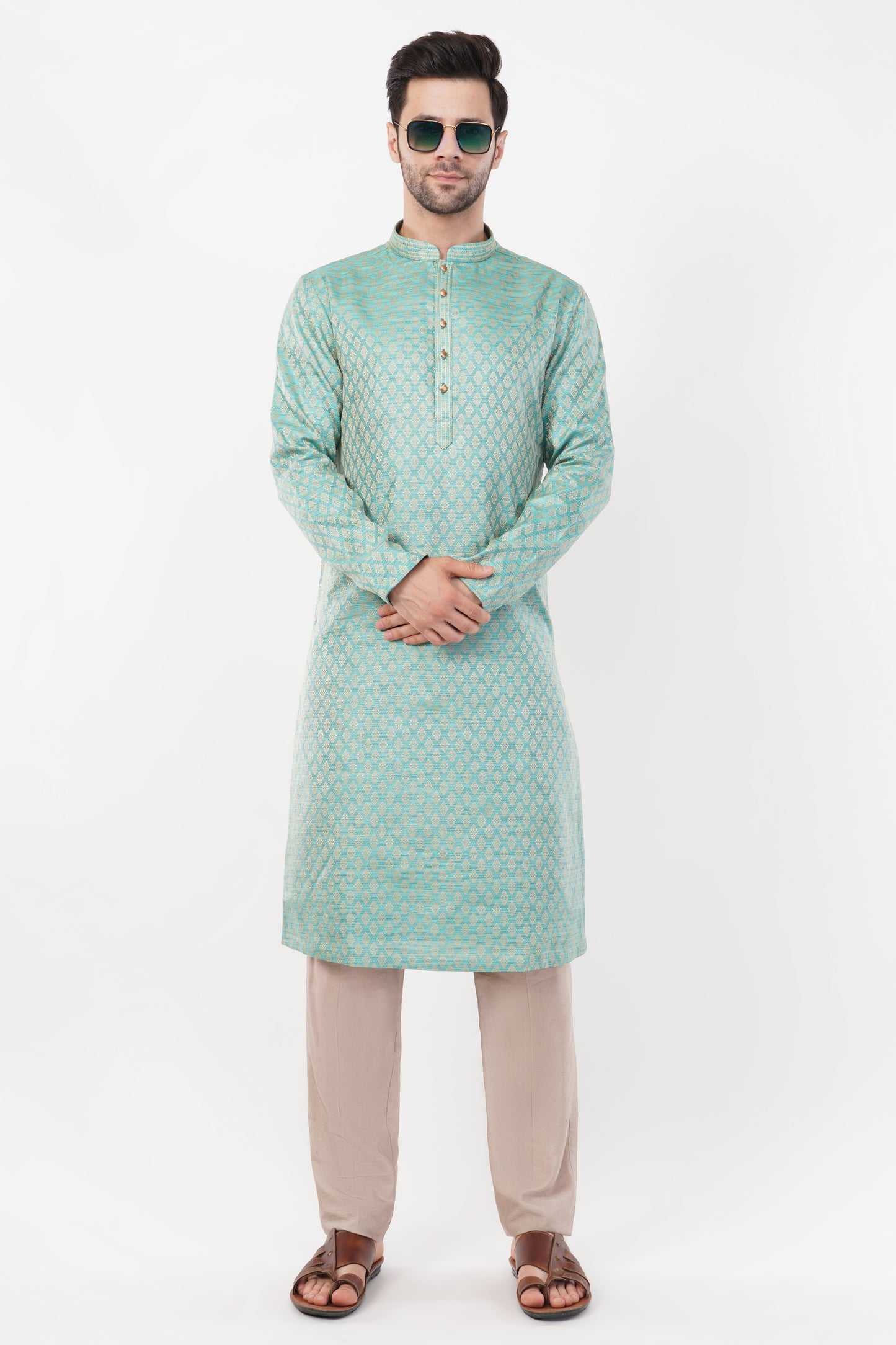 Pastel Green Jacquard resham embroidered Kurta Set
