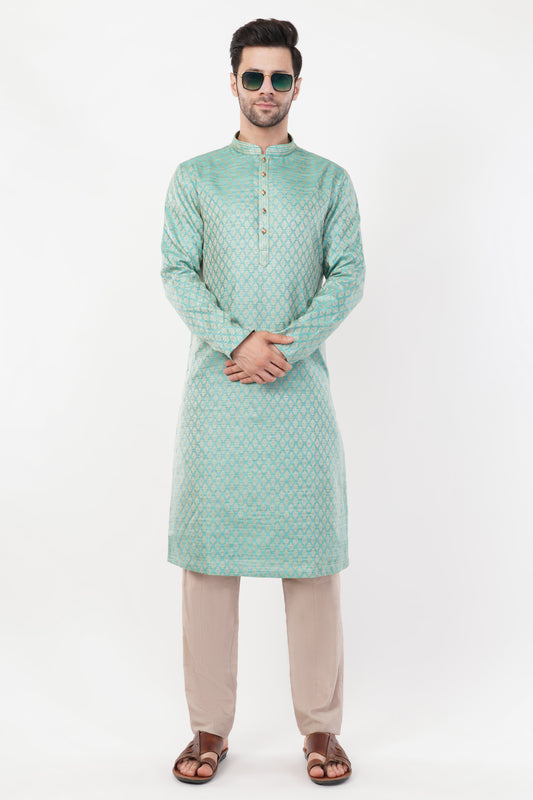 Pastel Green Jacquard resham embroidered Kurta Set