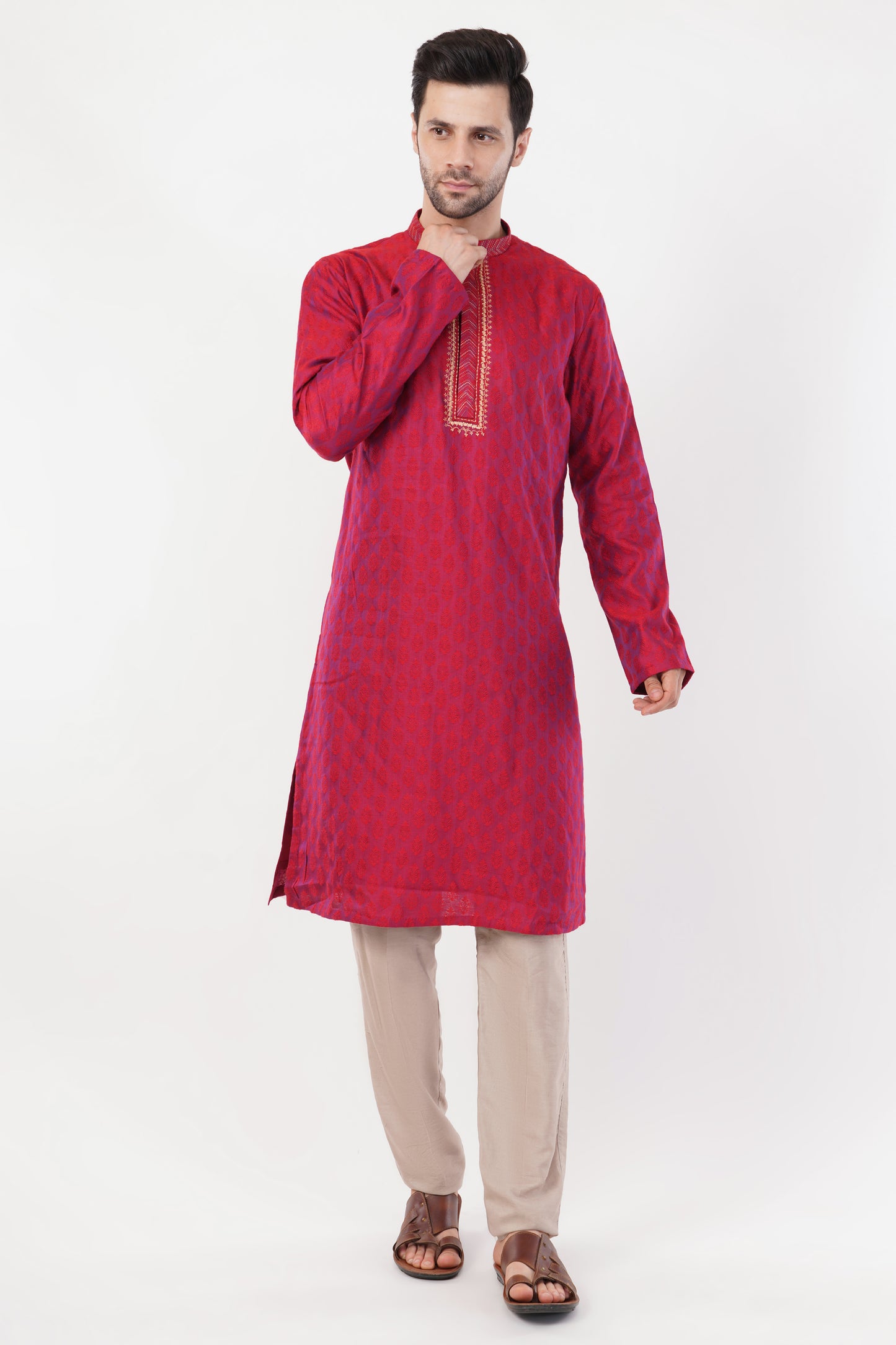 Ruby Red Rayon Embroidered Placket Kurta set