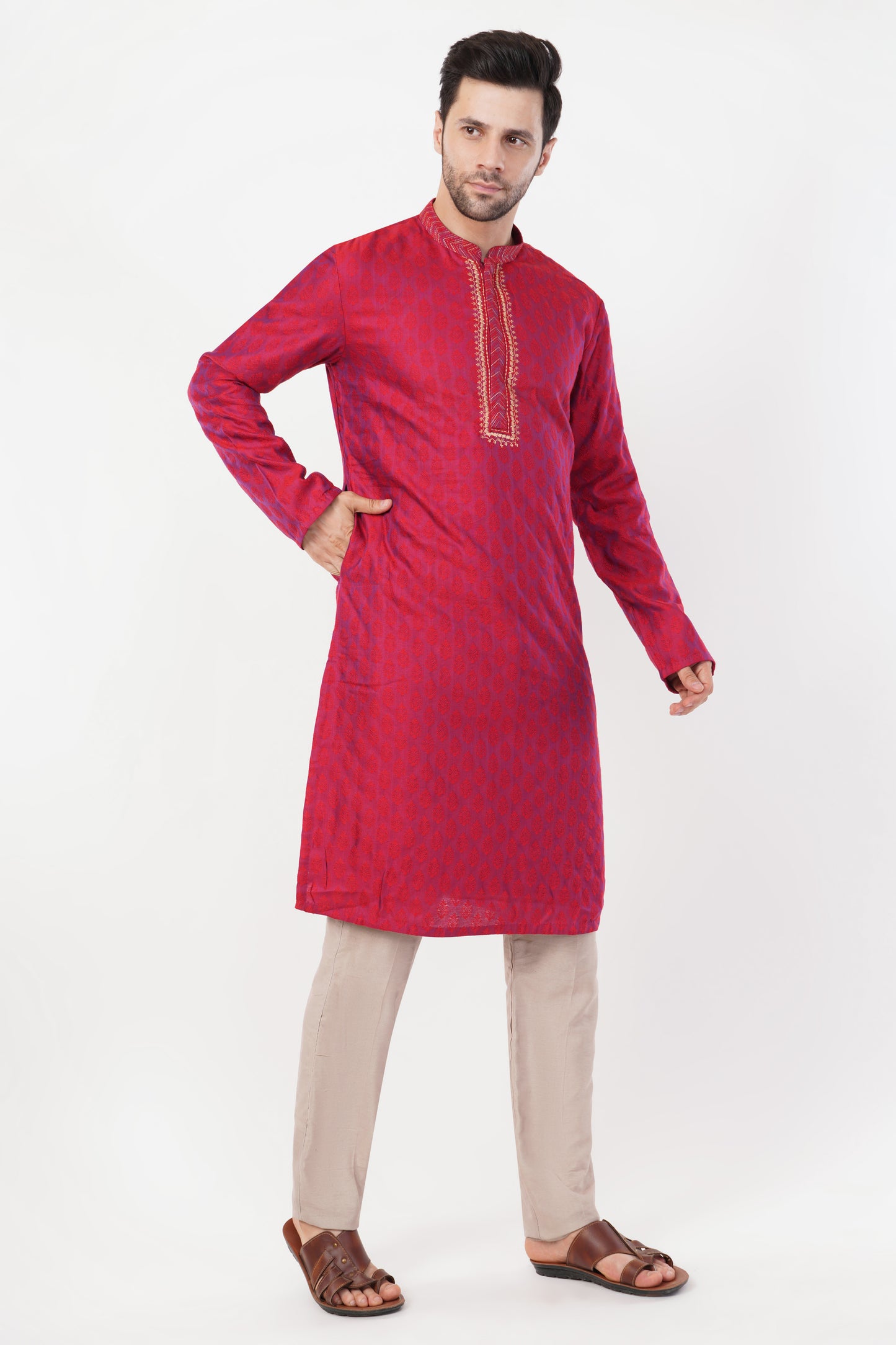 Ruby Red Rayon Embroidered Placket Kurta set