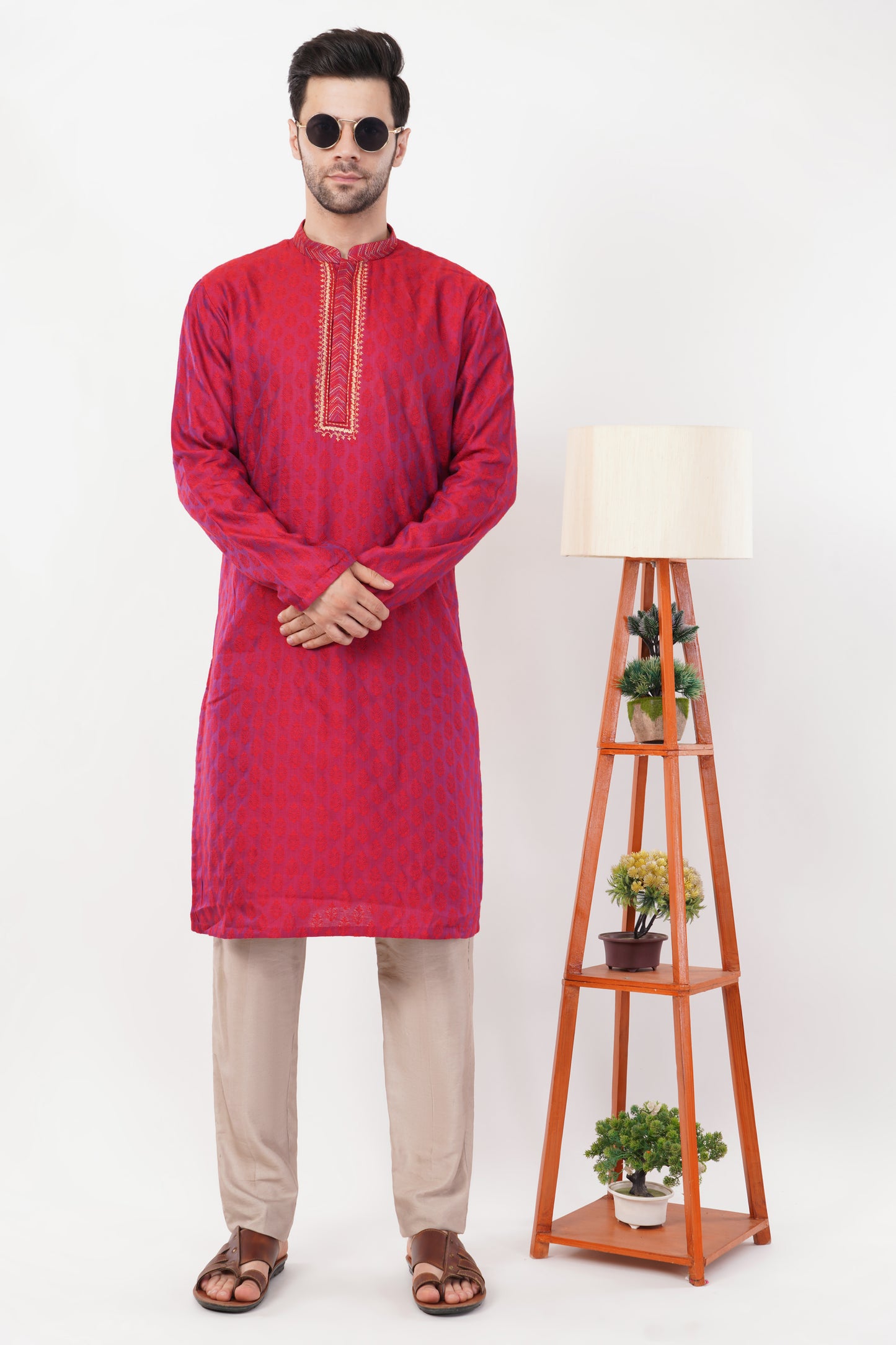 Ruby Red Rayon Embroidered Placket Kurta set