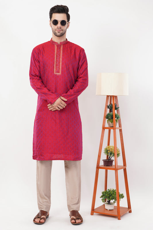 Ruby Red Rayon Embroidered Placket Kurta set