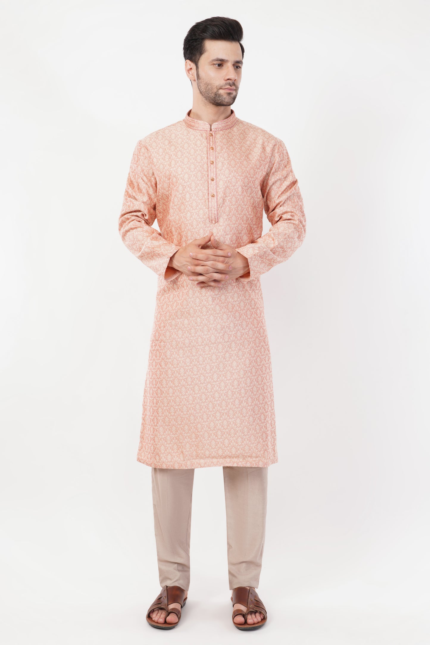 Peach Rayon Blend Printed Kurta Set